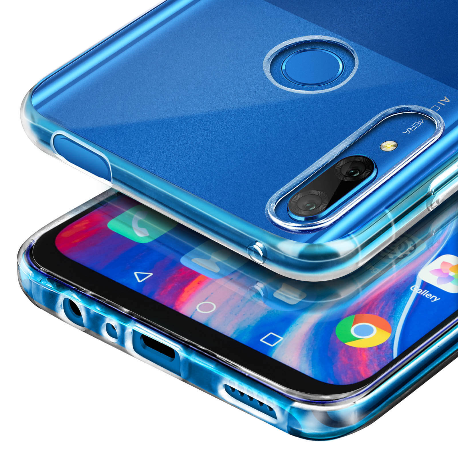 Une coque de téléphone bleu transparent sur un smartphone à interface bleue.