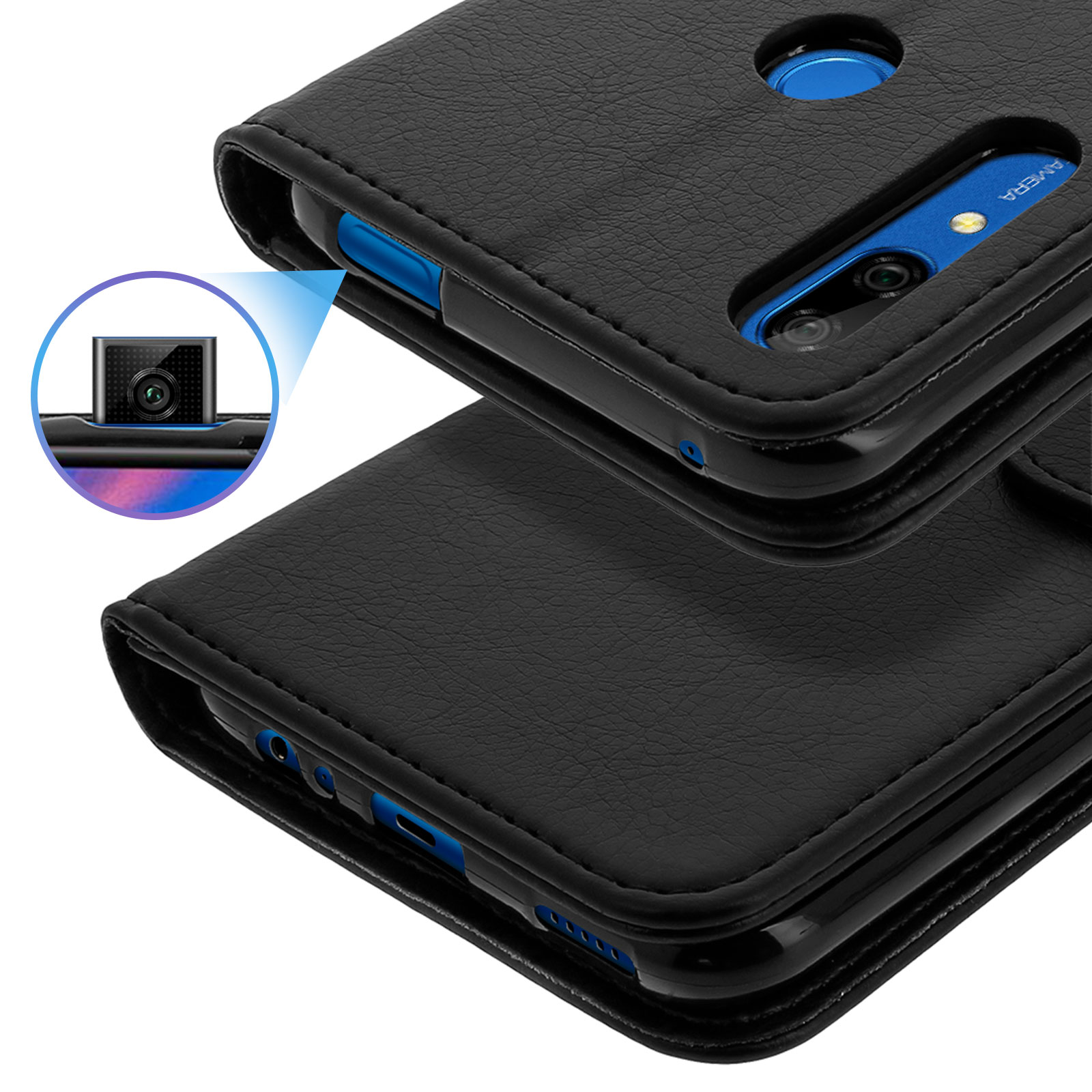 Étui en cuir noir pour smartphone avec fonction caméra escamotable.