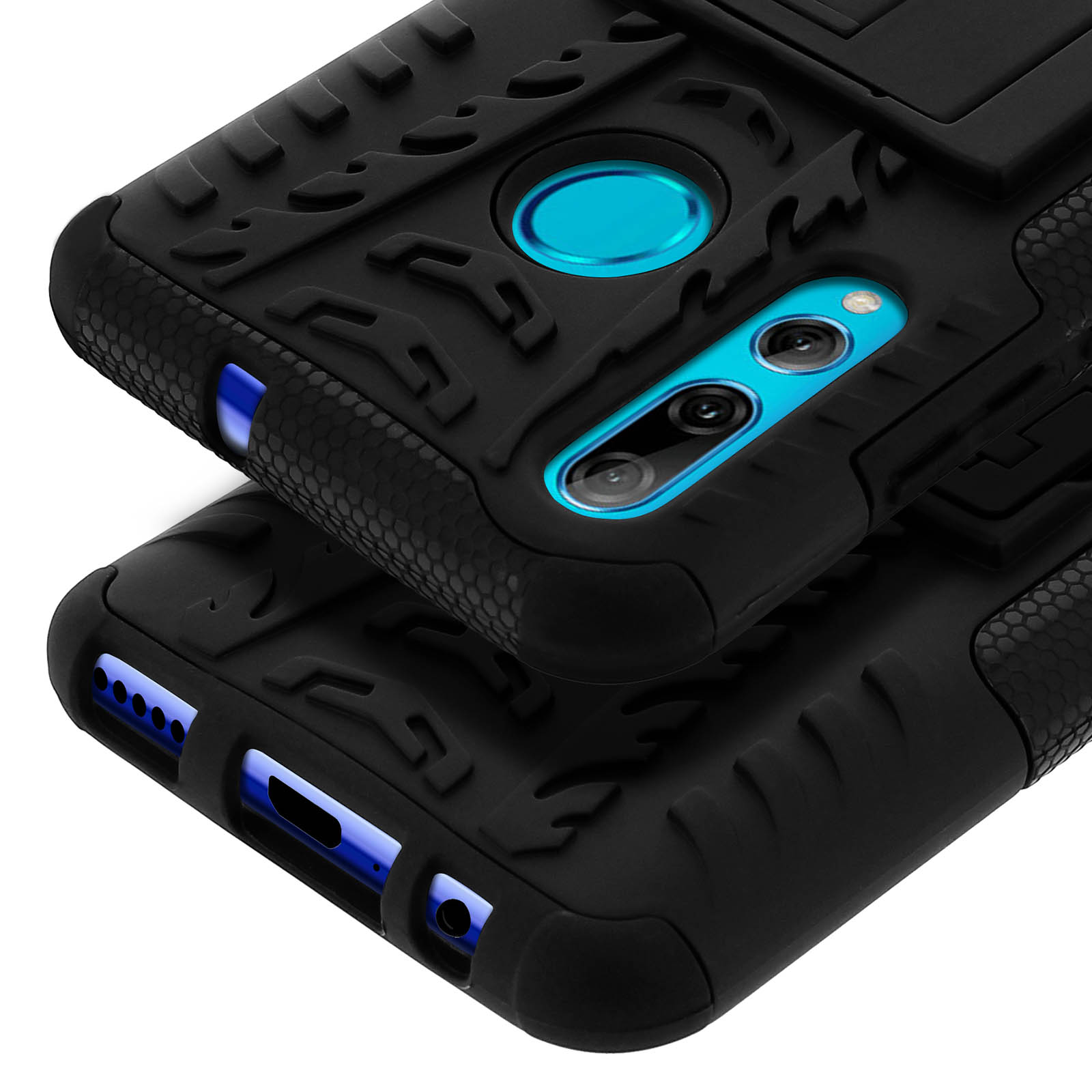 Coque de téléphone noire avec accent bleu autour de l'appareil photo.