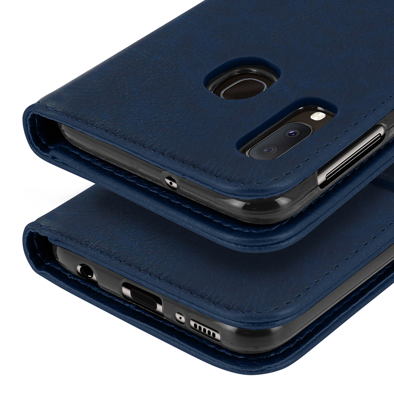 Étui de téléphone en cuir bleu foncé avec découpes pour appareil photo arrière et capteur.