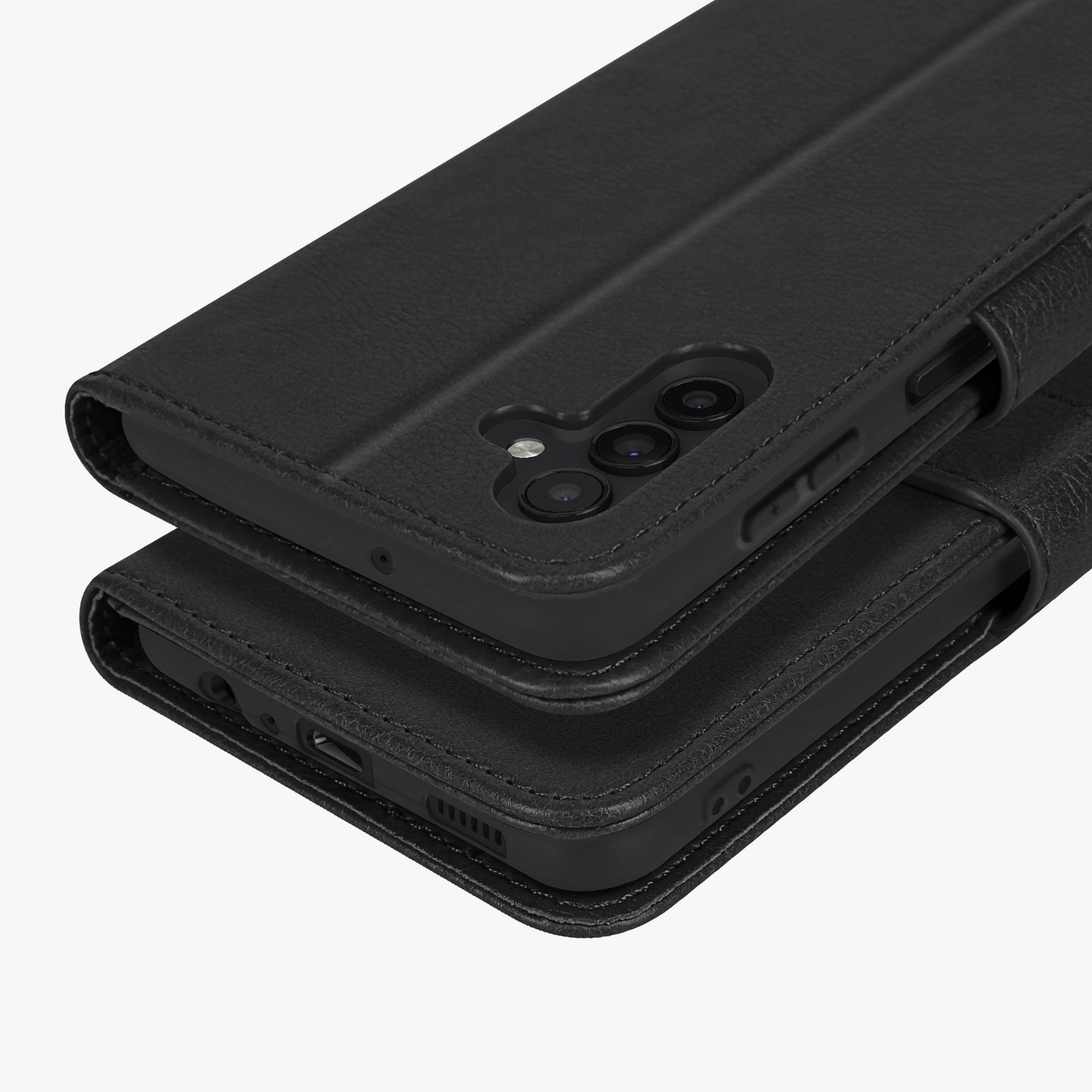 Étui de téléphone à rabat noir ouvert montrant le module caméra en haut.