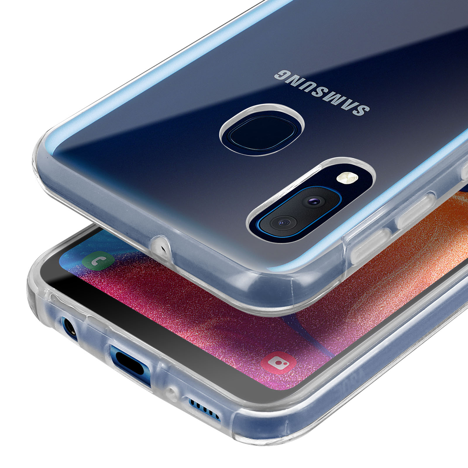 Una custodia trasparente copre un telefono Samsung con icona di chiamata. Fotocamera posteriore visibile.