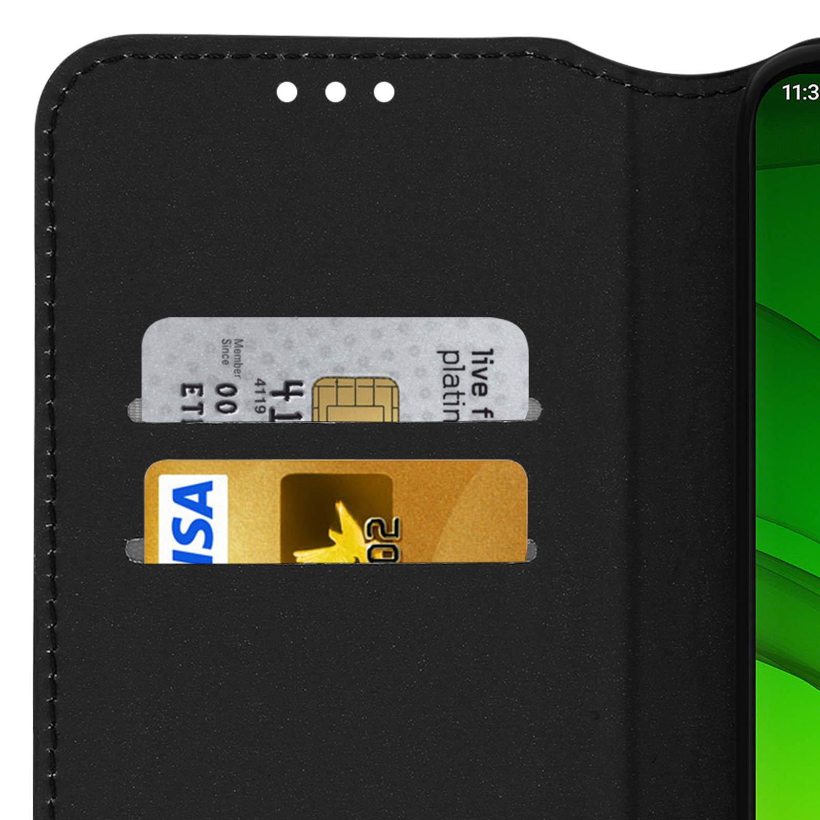 Custodia a portafoglio nera con due fessure per carte, una argento e una oro.