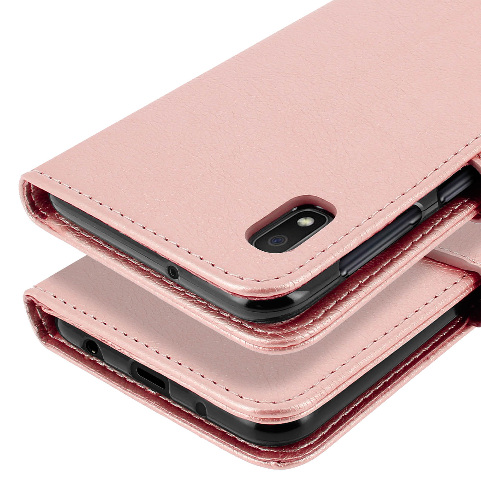 Een roze telefoonhoesje met stiksels, met een telefooncamera.