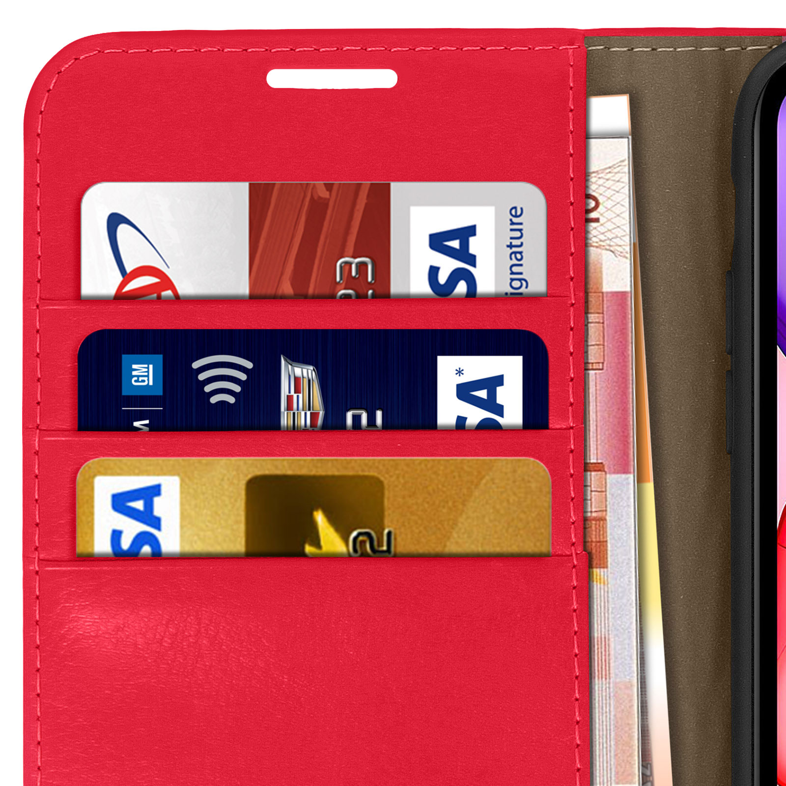 Porte-cartes rouge avec cartes Visa, carte GM et billets.