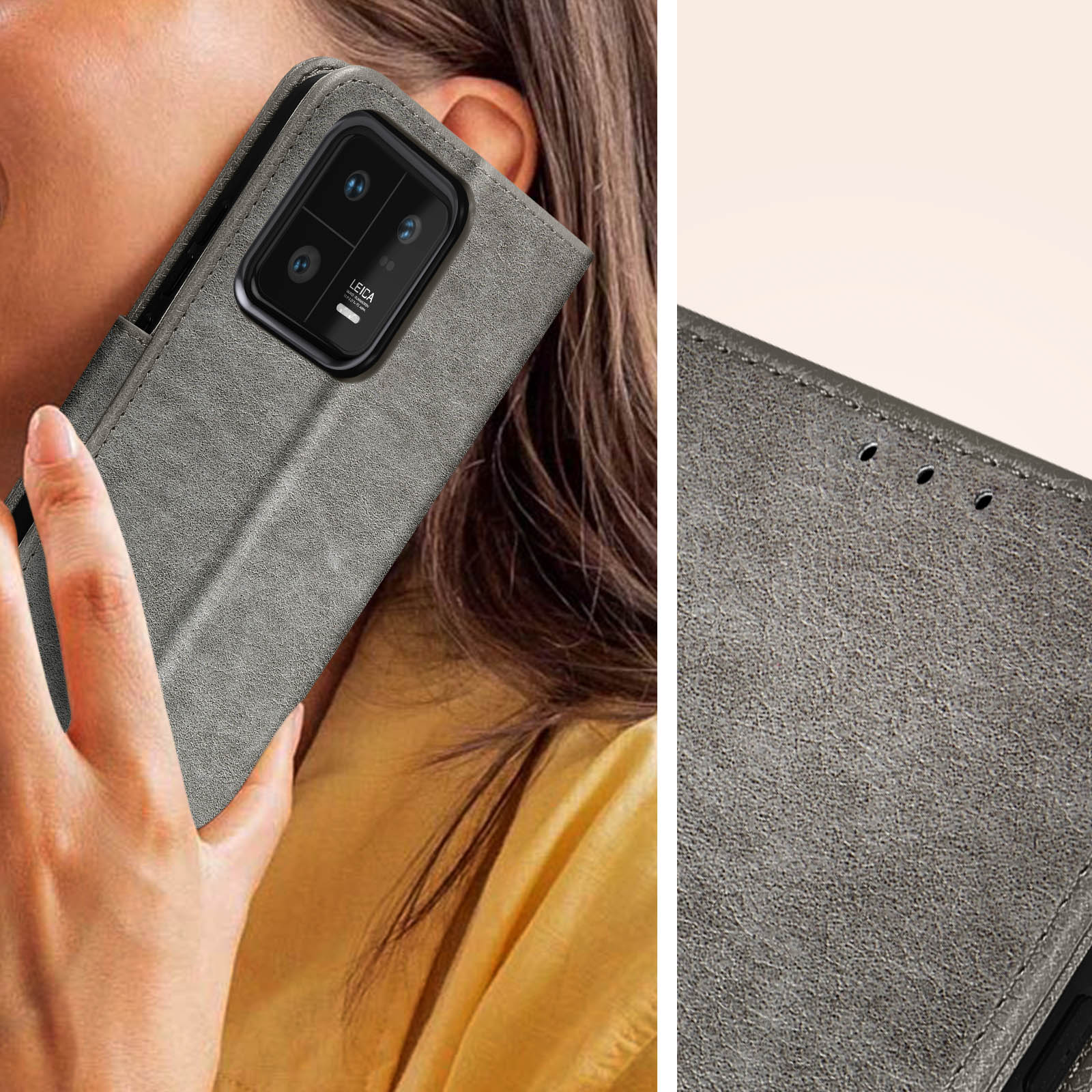 Étui de téléphone gris avec inspection de caméra, tenu par une main.