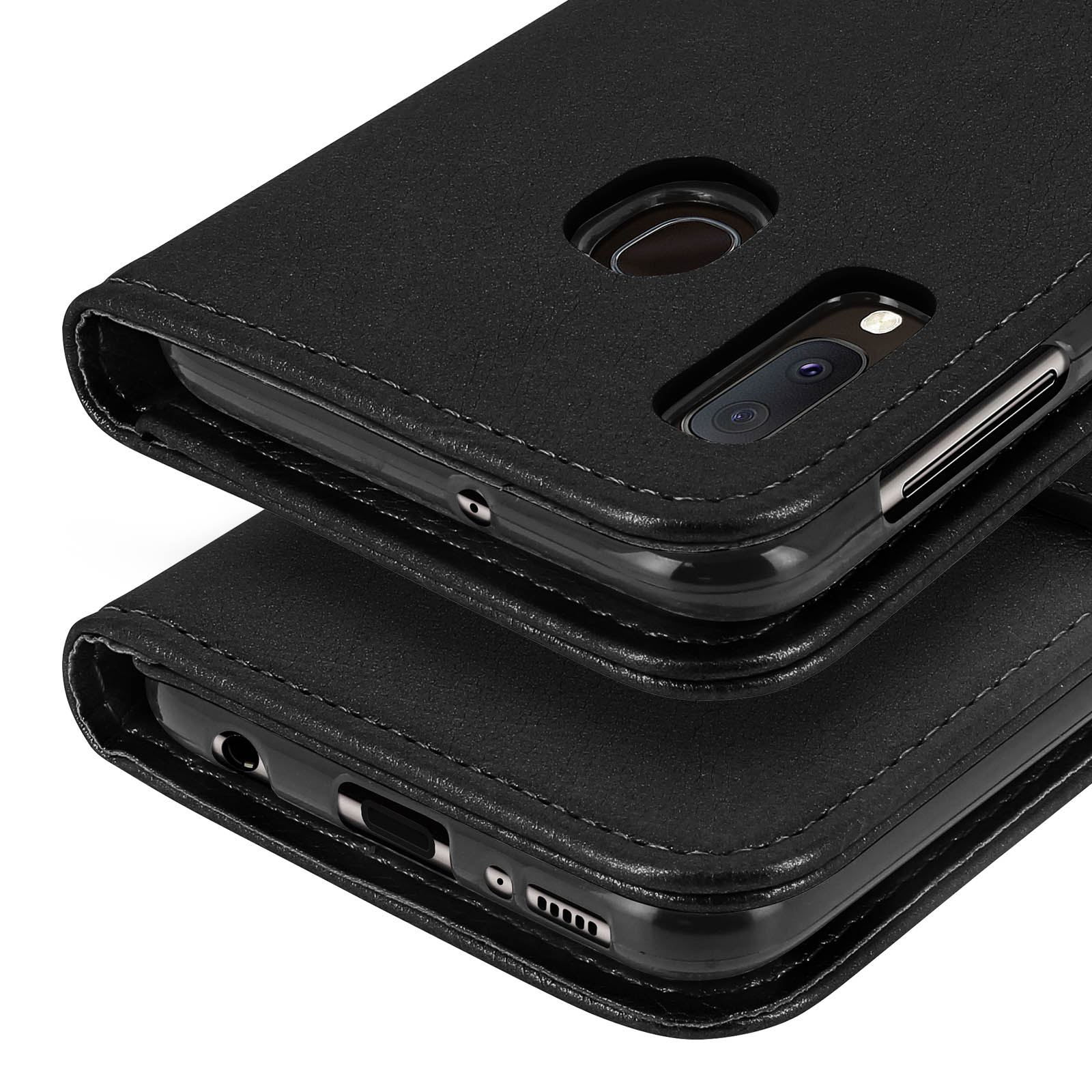 Étui de téléphone en cuir noir montrant objectif de caméra, capteur d'empreintes et ports.