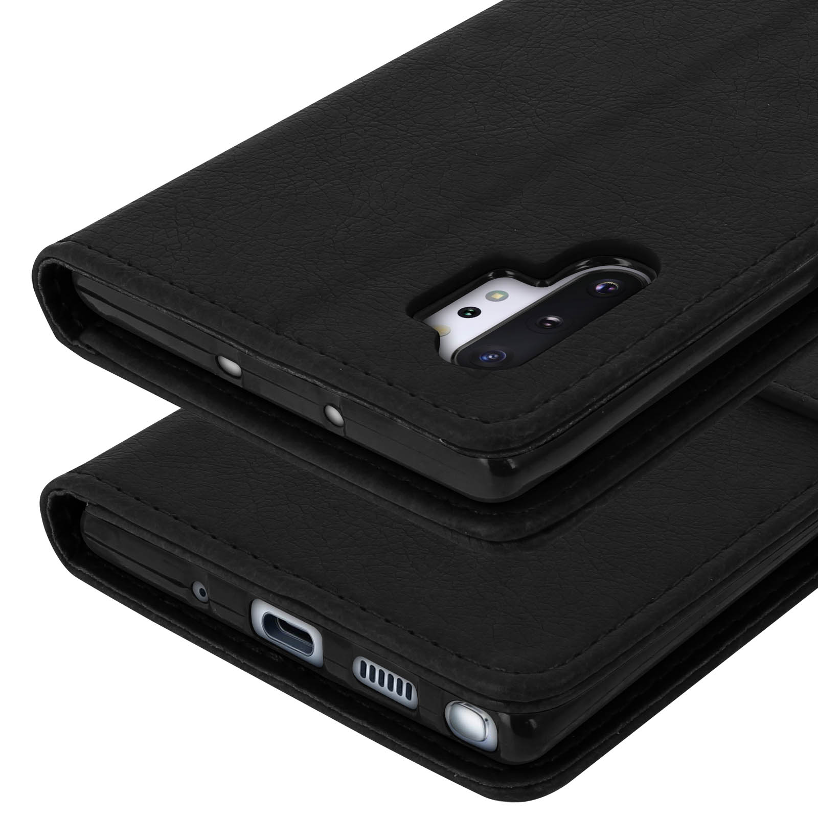Zwarte lederen flipcase voor smartphone met zichtbare camera-uitsparing.