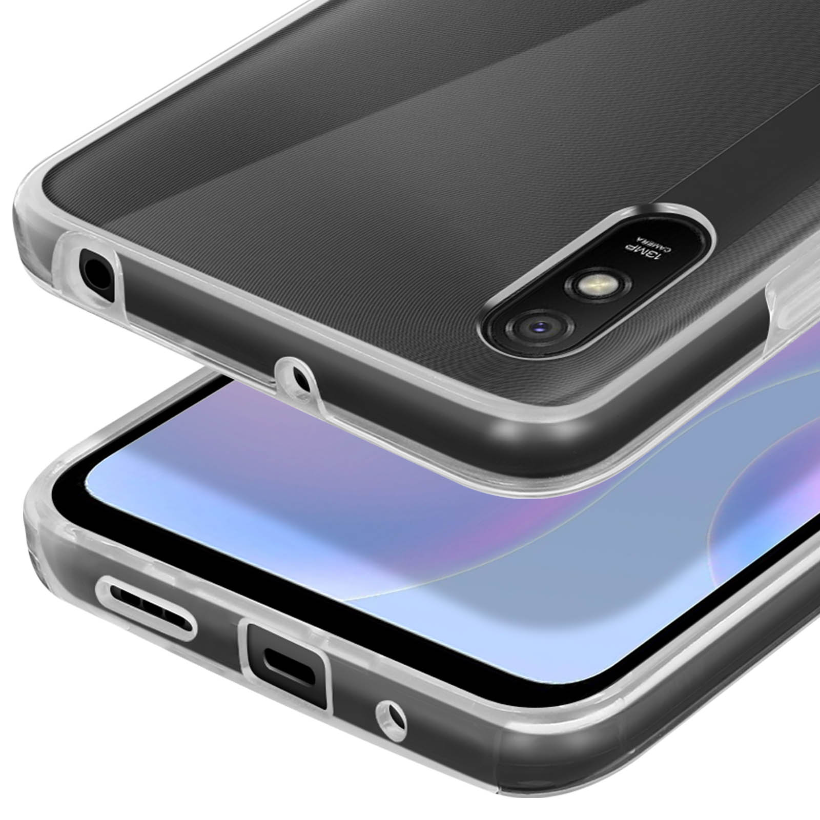 Coque de téléphone transparente avec caméra arrière et ports. Texture nervurée.