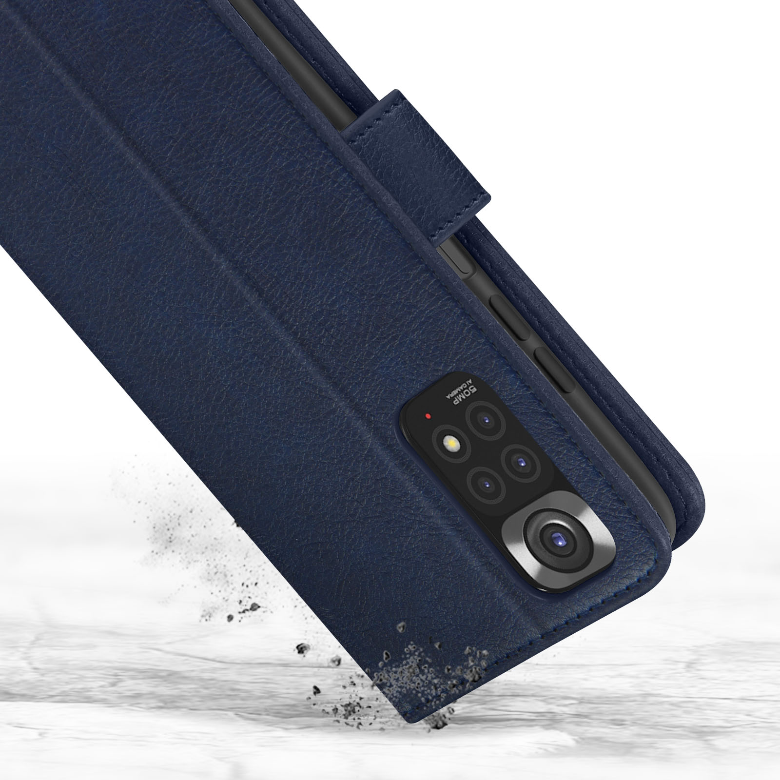 Custodia a libro in pelle blu scuro con foro per fotocamera, che cade.