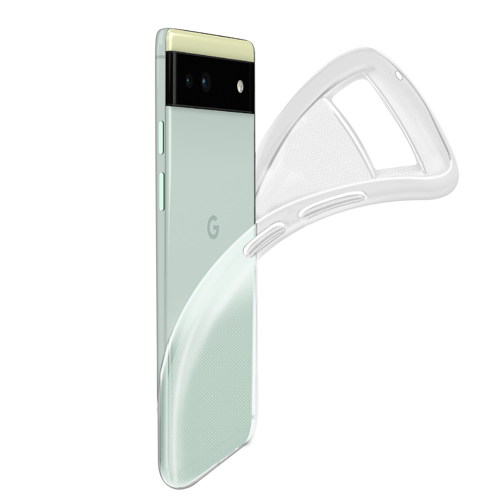 Een lichtgroene smartphone met een doorzichtige hoes die eraf gaat.