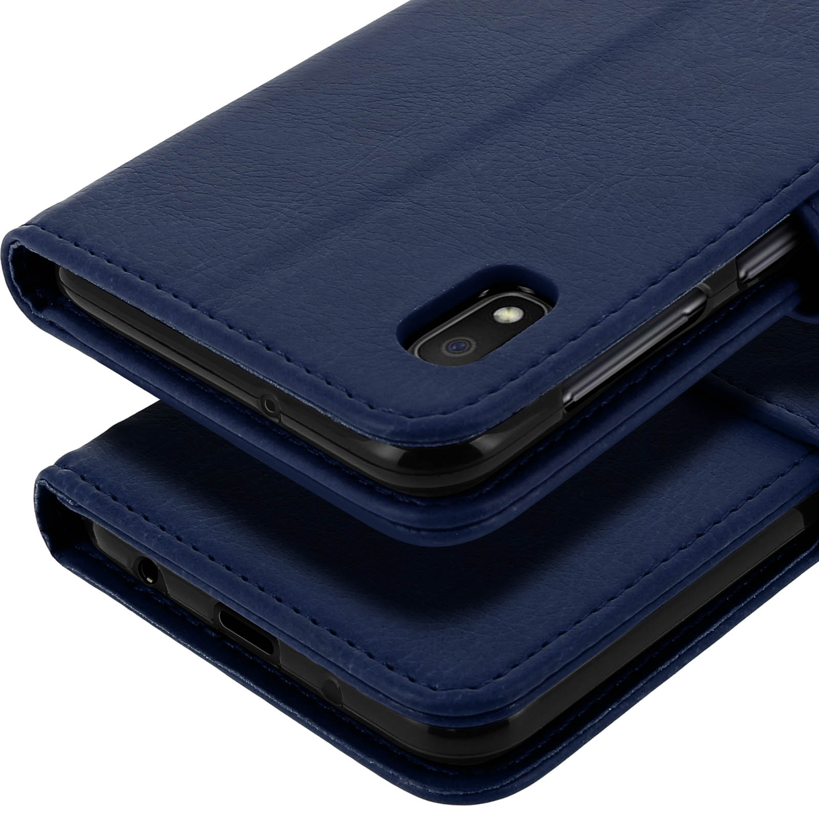 Drie marineblauwe telefoonhoesjes met stiksels, met camera's en poorten.
