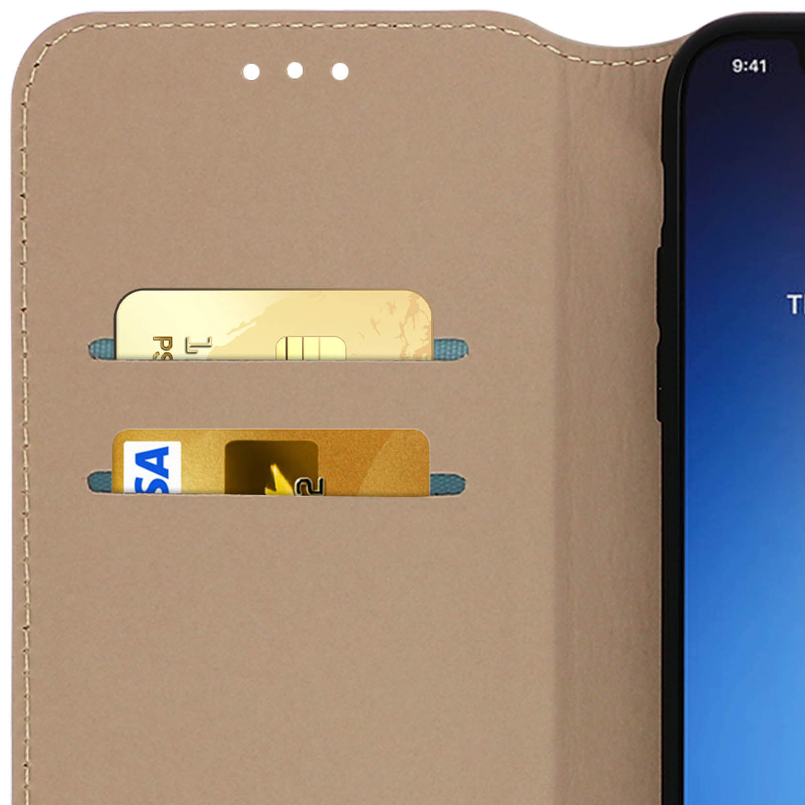 Een bruine telefoonhoes met kaartsleuven waarin twee kaarten zitten.
