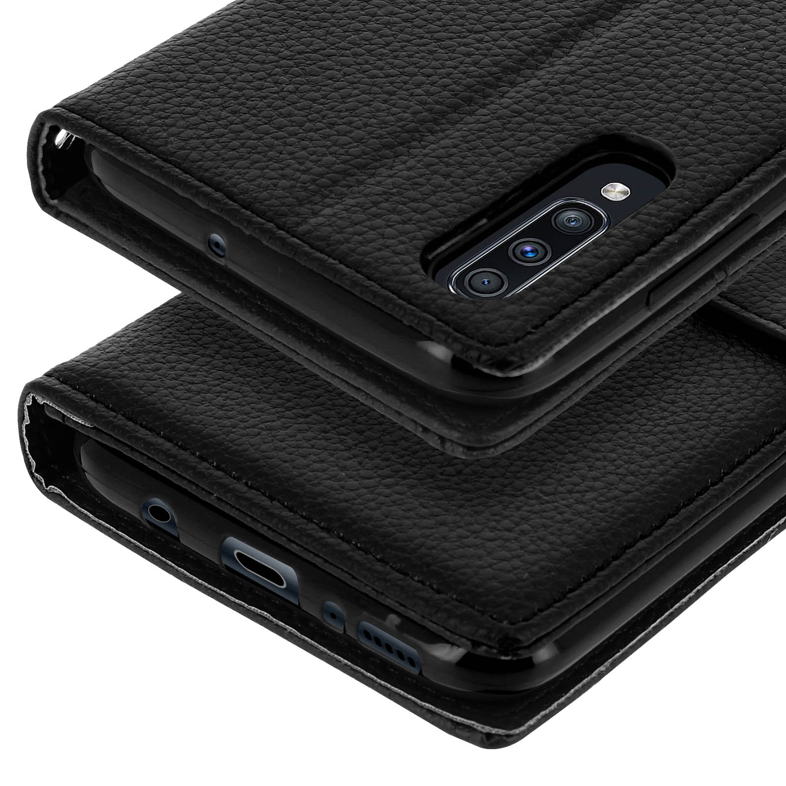 Étui à rabat en cuir noir pour smartphone, caméra visible.