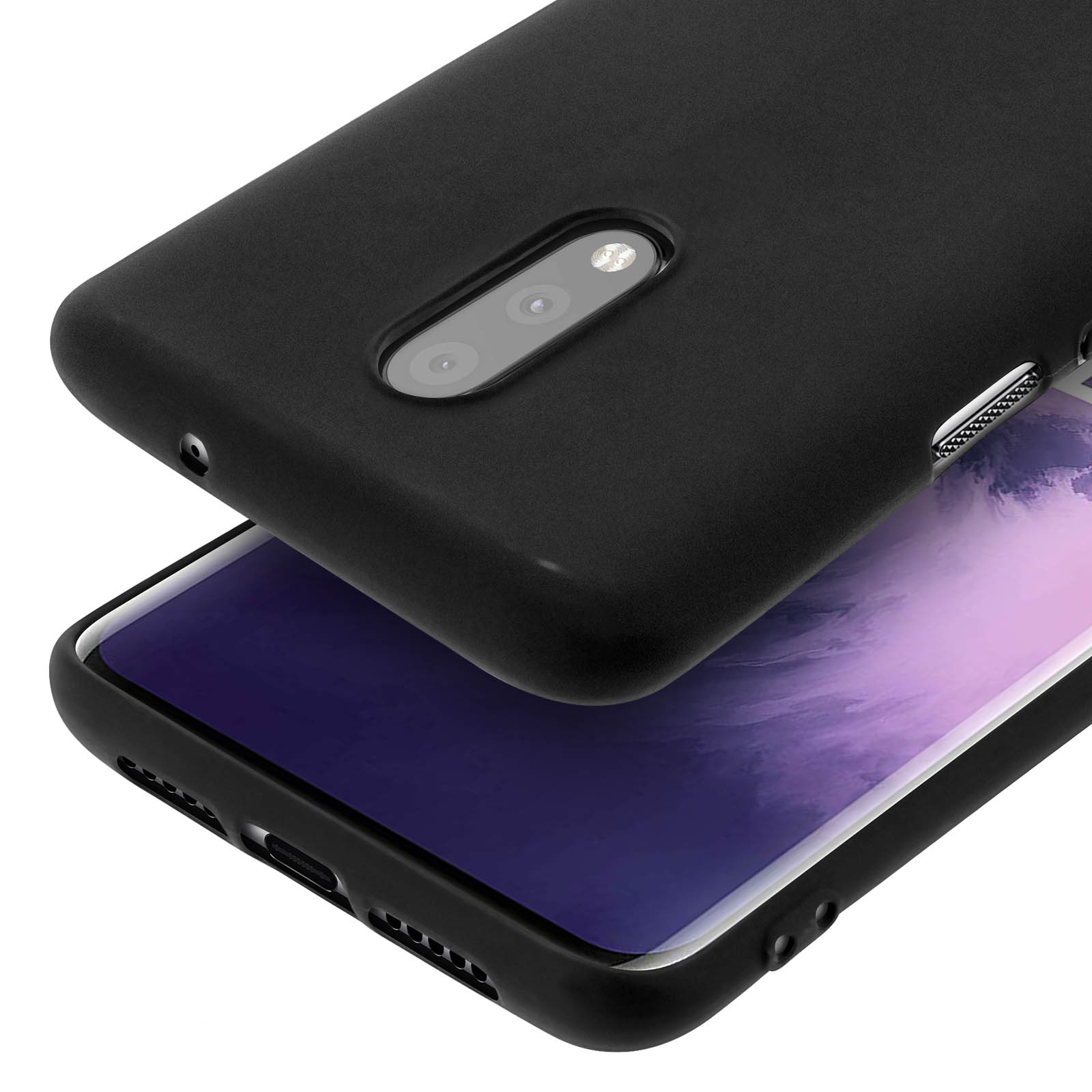 Custodia nera per telefono con ritaglio fotocamera, che mostra lo schermo dello smartphone.