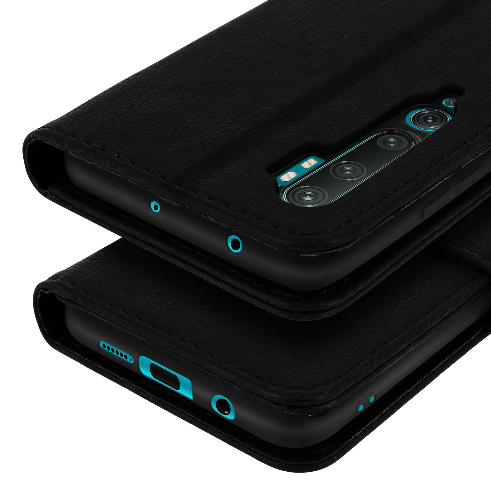 Een zwarte telefoon in een leren hoes met cameramodule en blauwe accenten.