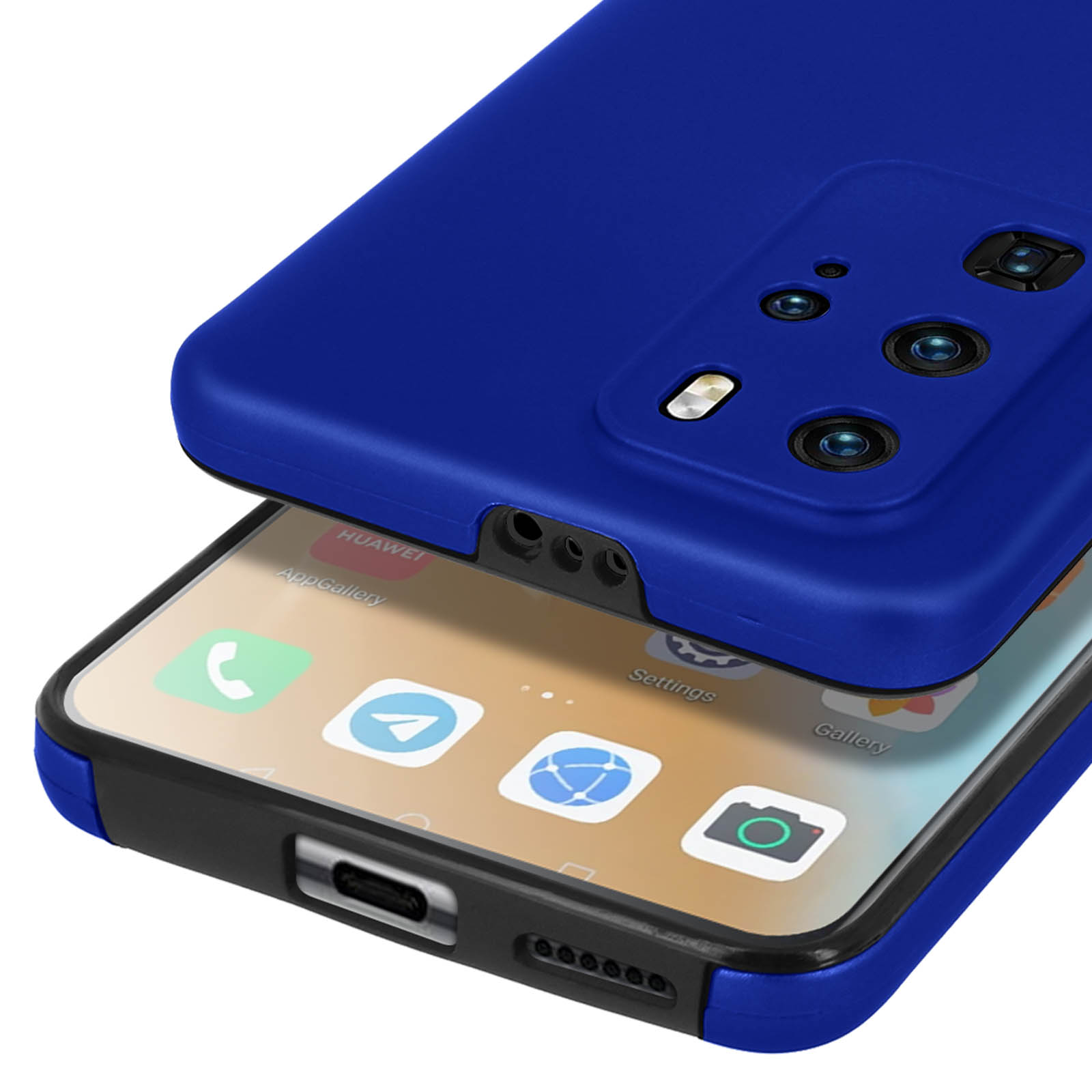 Custodia blu per telefono su smartphone con icone app e lenti fotocamera.