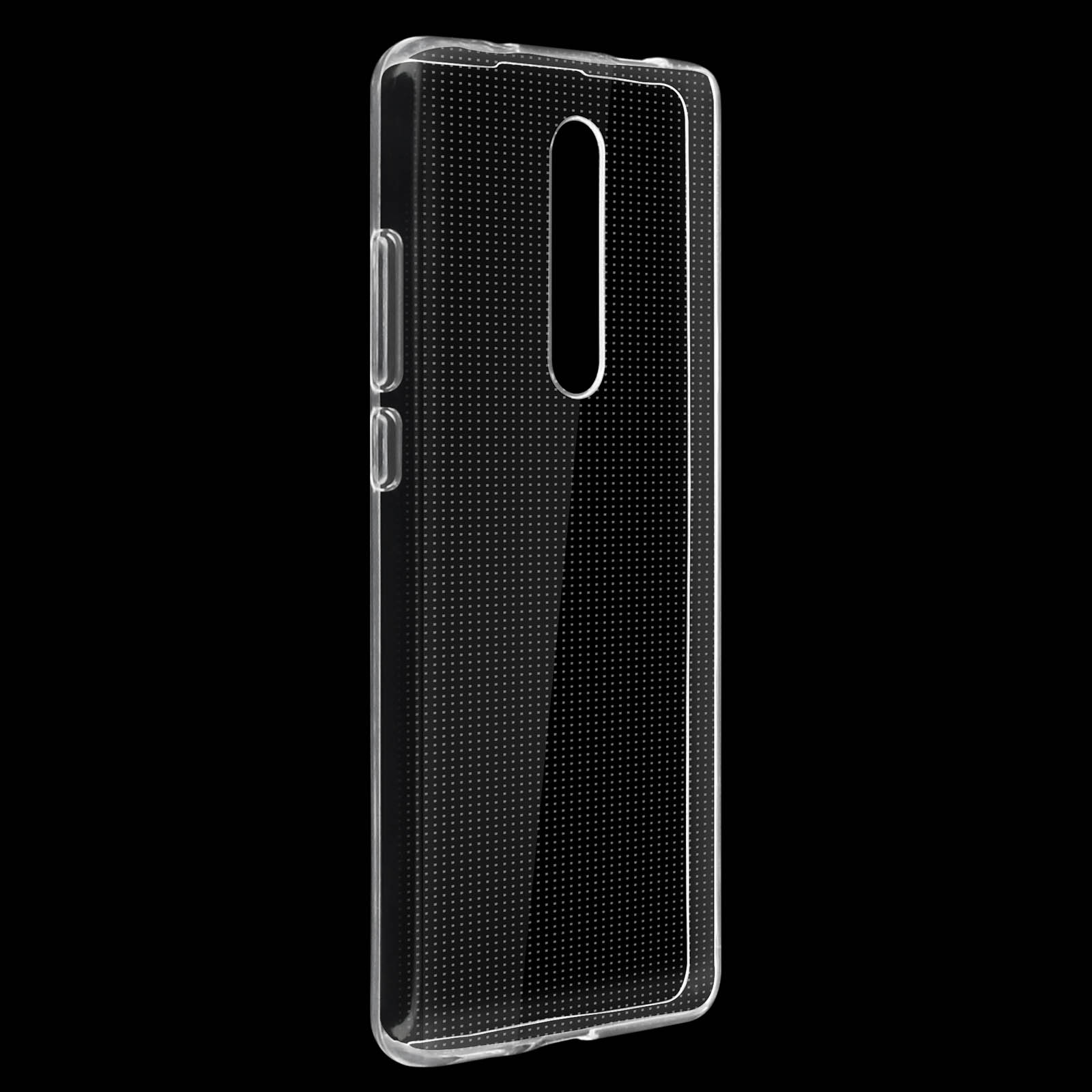 Coque de téléphone transparente avec motif à pois et découpe caméra.