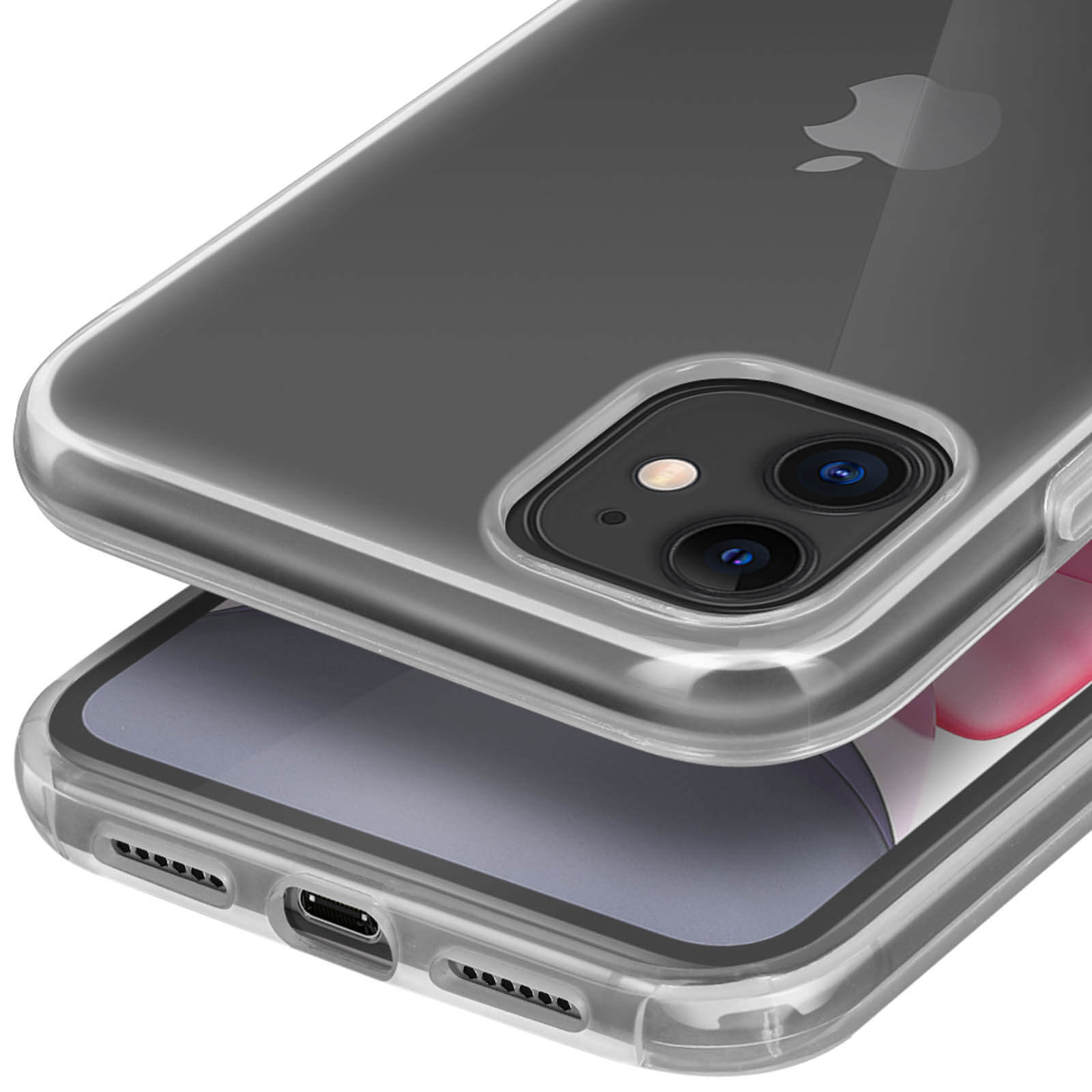Coque transparente sur un iPhone sombre montrant le logo Apple.