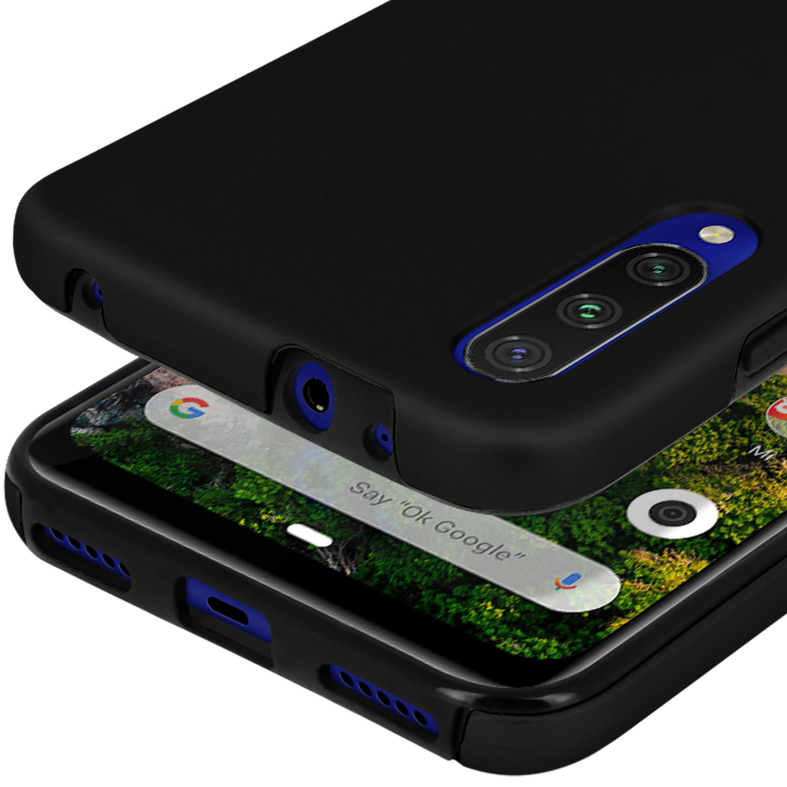 Een zwarte smartphone met drievoudige camera's en blauwe accenten. Op het scherm staat "Ok Google".