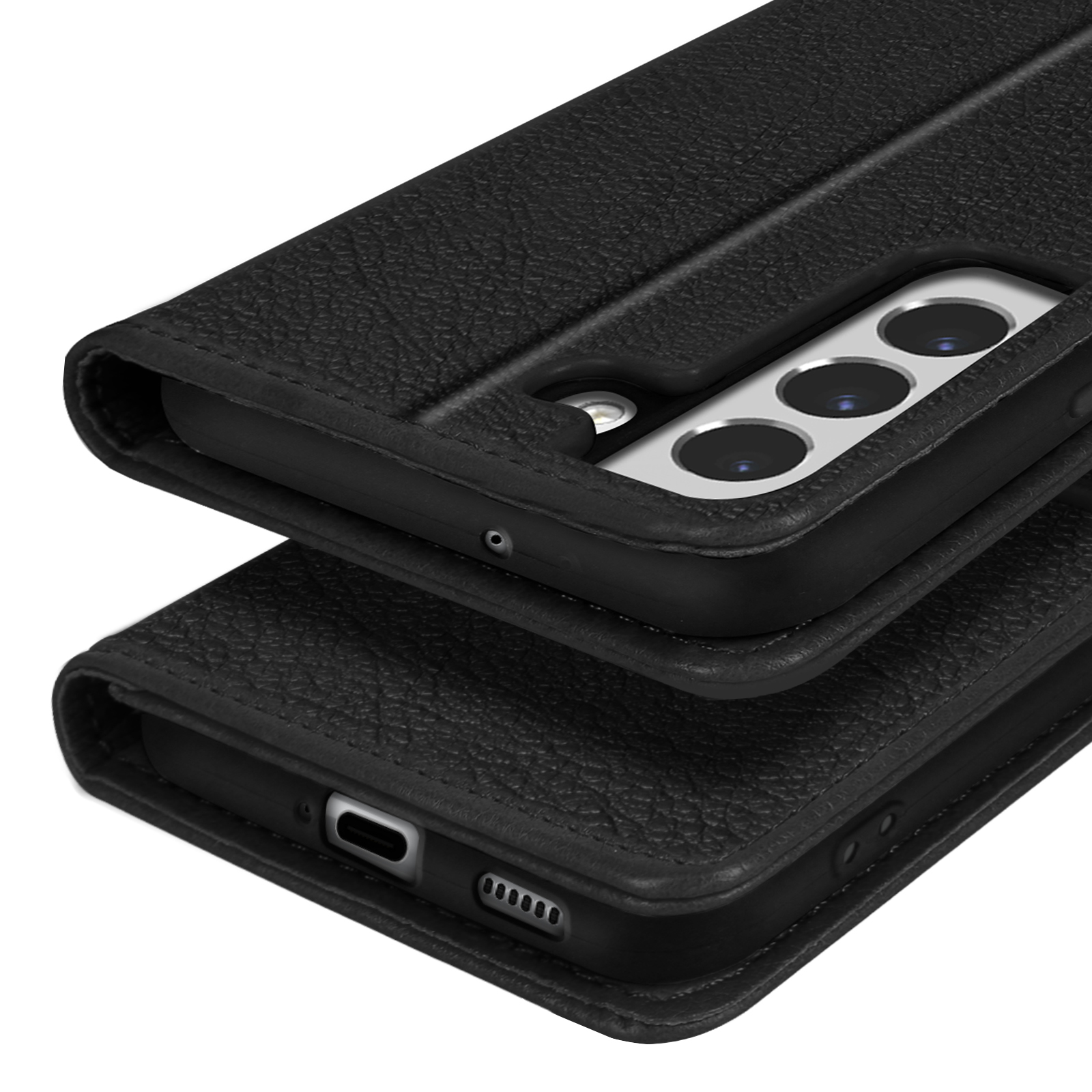 Étui portefeuille en cuir noir montrant trois objectifs d'appareil photo et un port USB-C.