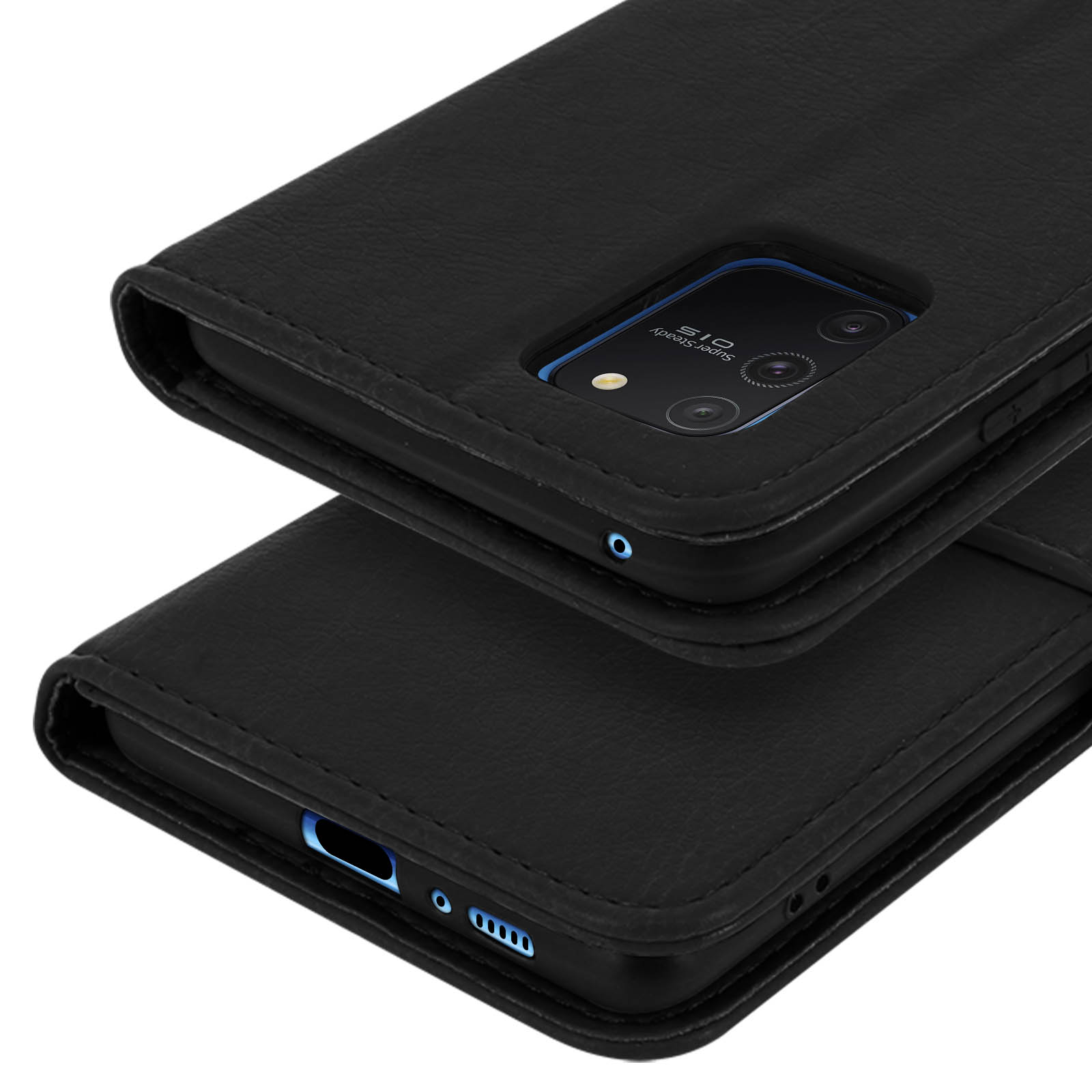 Custodia a libro in pelle nera per smartphone con fotocamera e porte visibili.