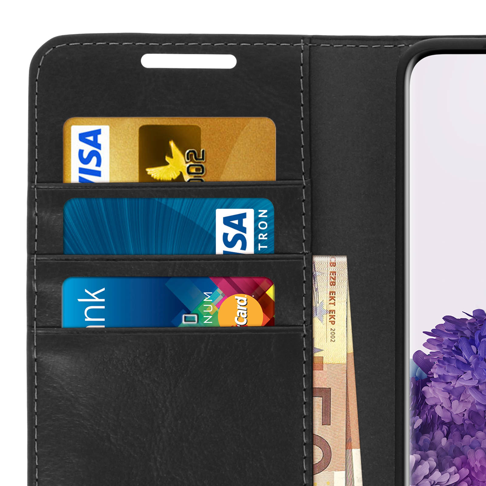 Zwarte portemonnee met creditcards, contant geld en een telefoon.