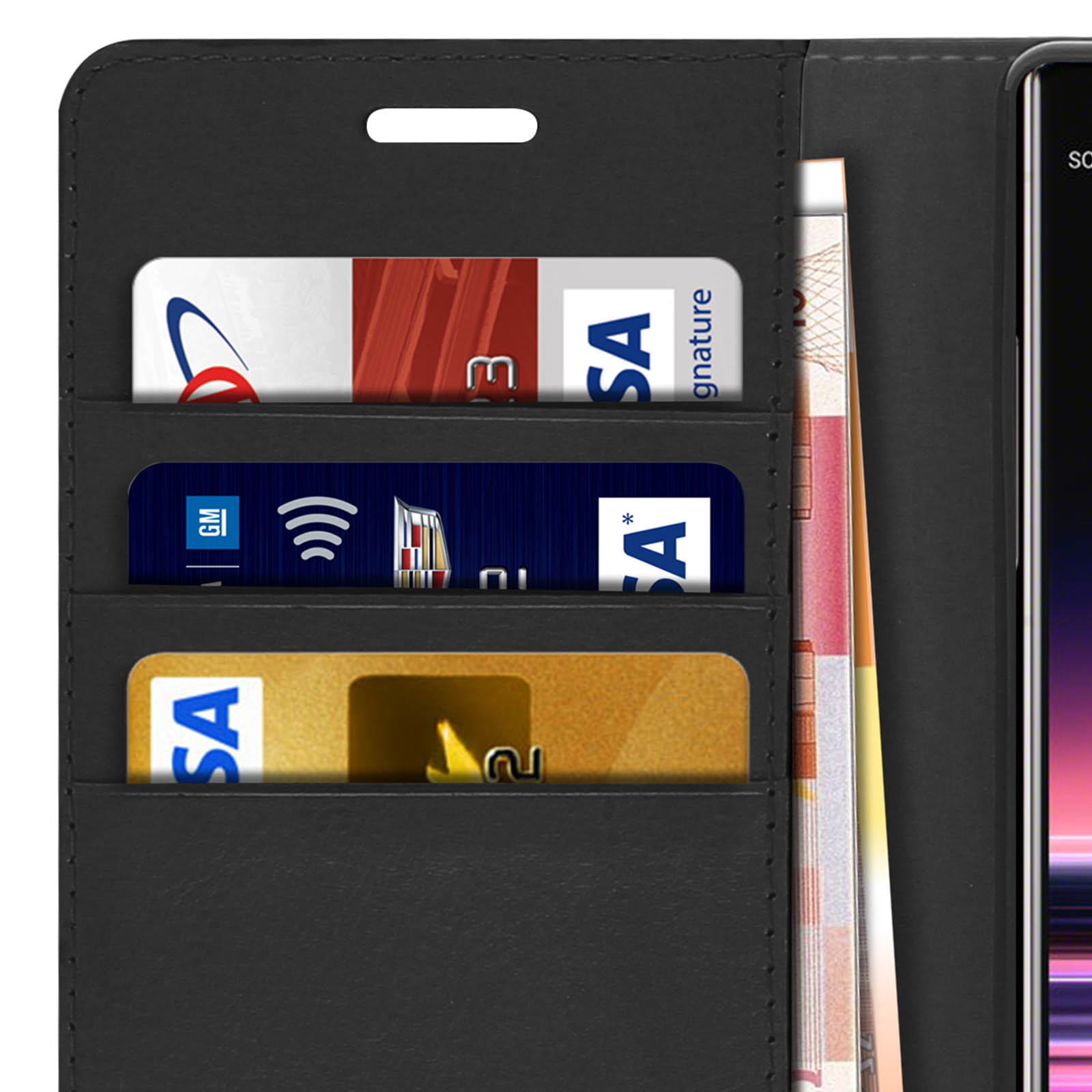 Portafoglio nero con più slot per carte contenenti carte di credito e banconote.
