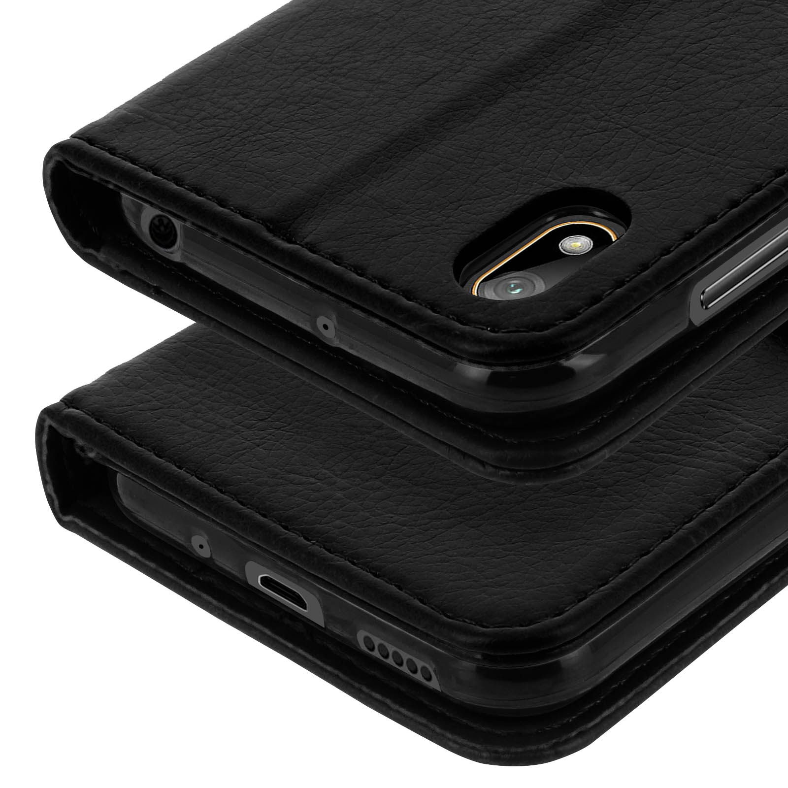 Custodia a libro in pelle nera per smartphone con ritaglio fotocamera.