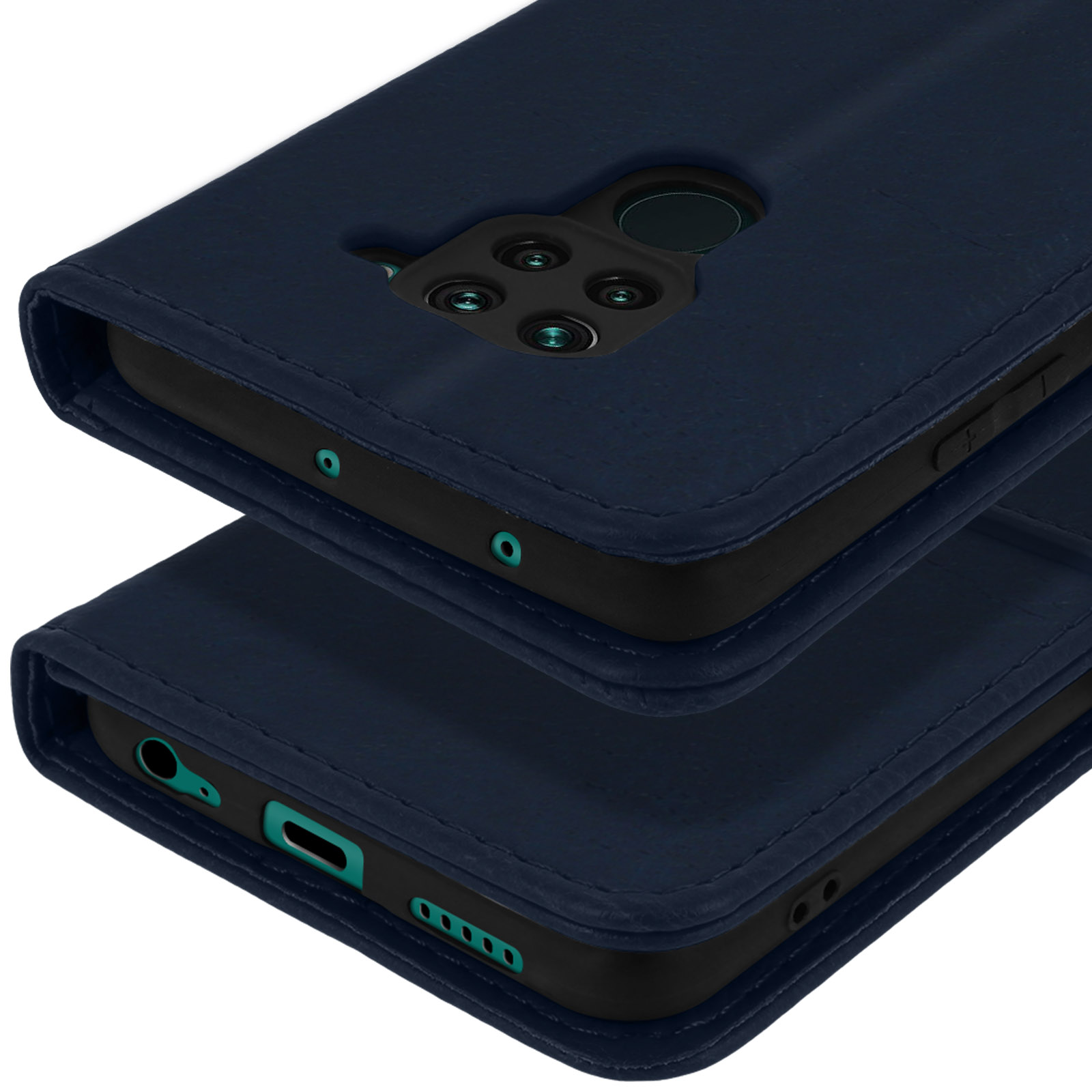 Donkerblauwe telefoonhoes met vier camera's en zijknopjes.