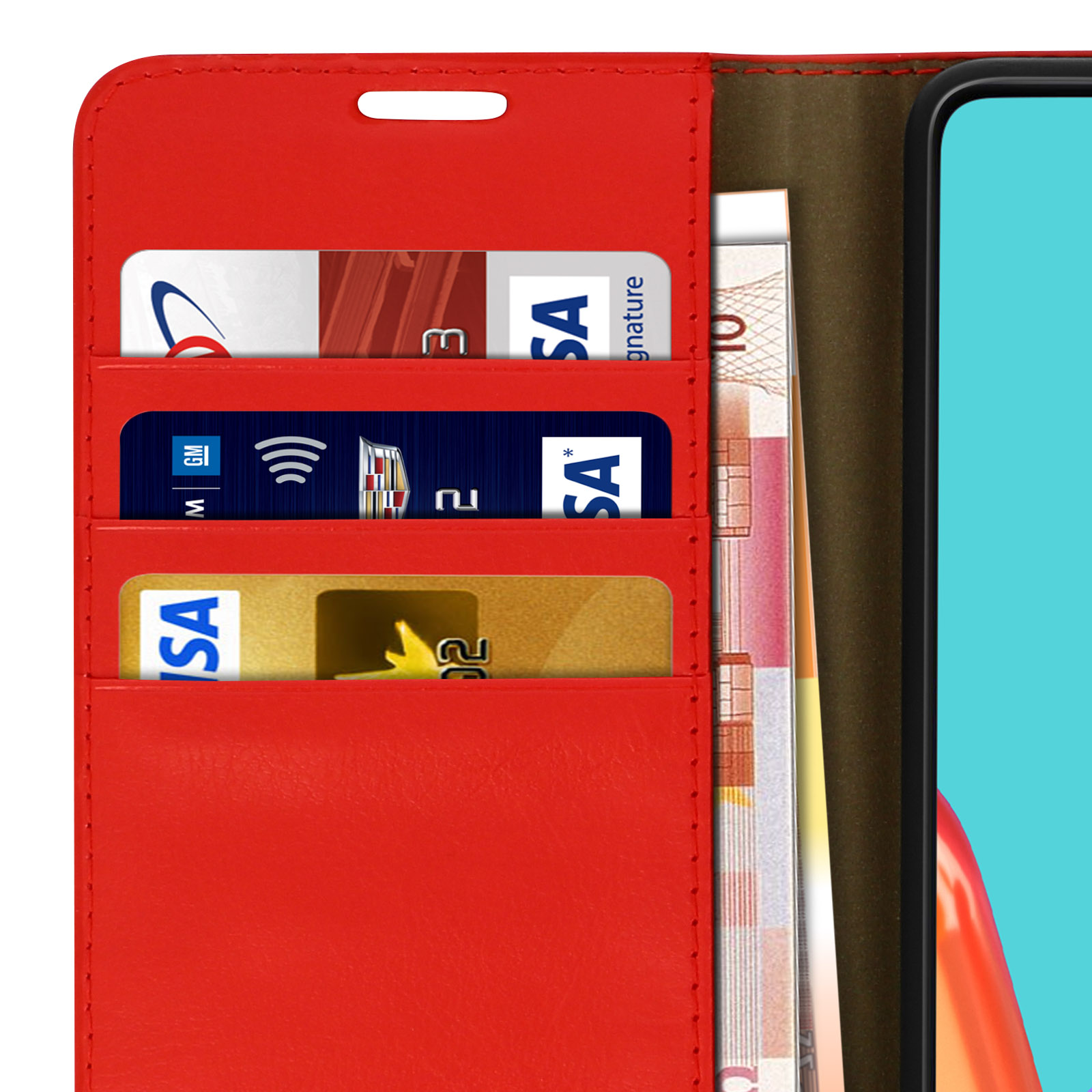 Portefeuille rouge avec fentes pour cartes, argent et téléphone.