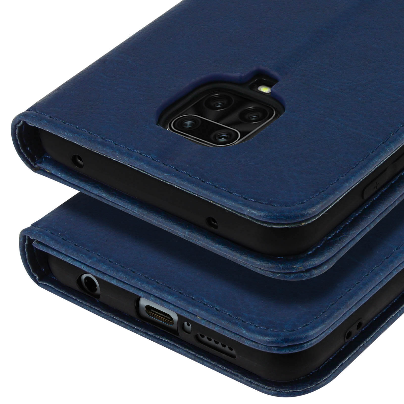 Una custodia per telefono in pelle blu che mostra il ritaglio della fotocamera e la porta di ricarica.