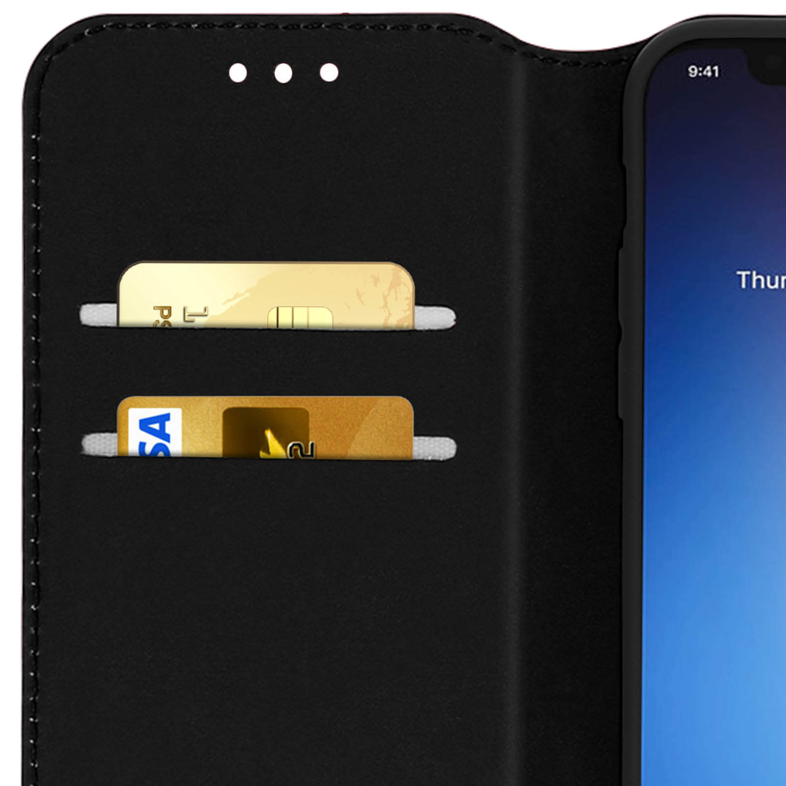 Étui de téléphone noir avec fentes pour cartes et un smartphone.