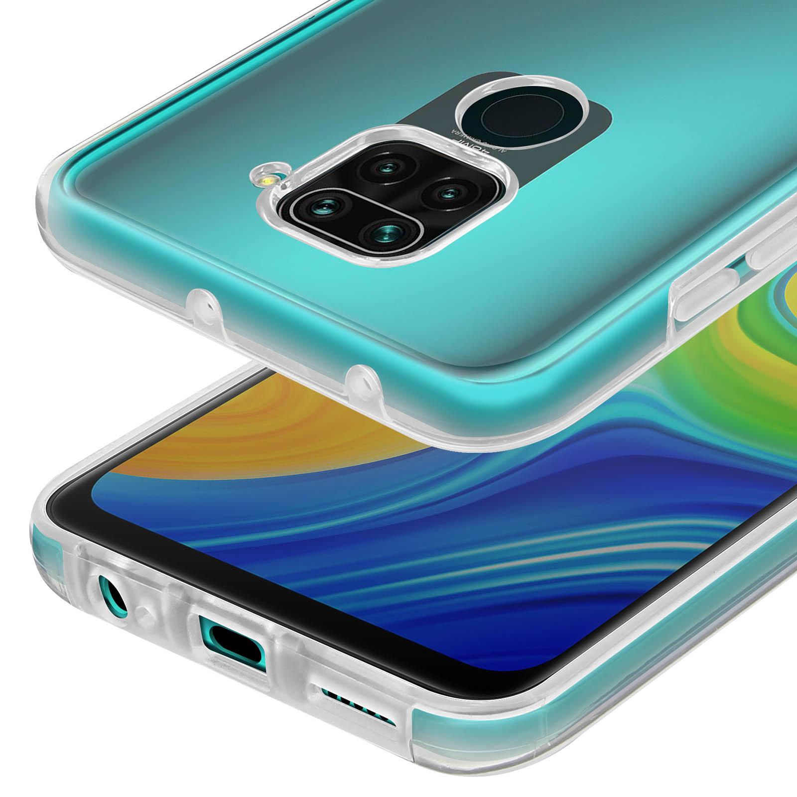 Coque de téléphone transparente avec quadruple caméra et écran.