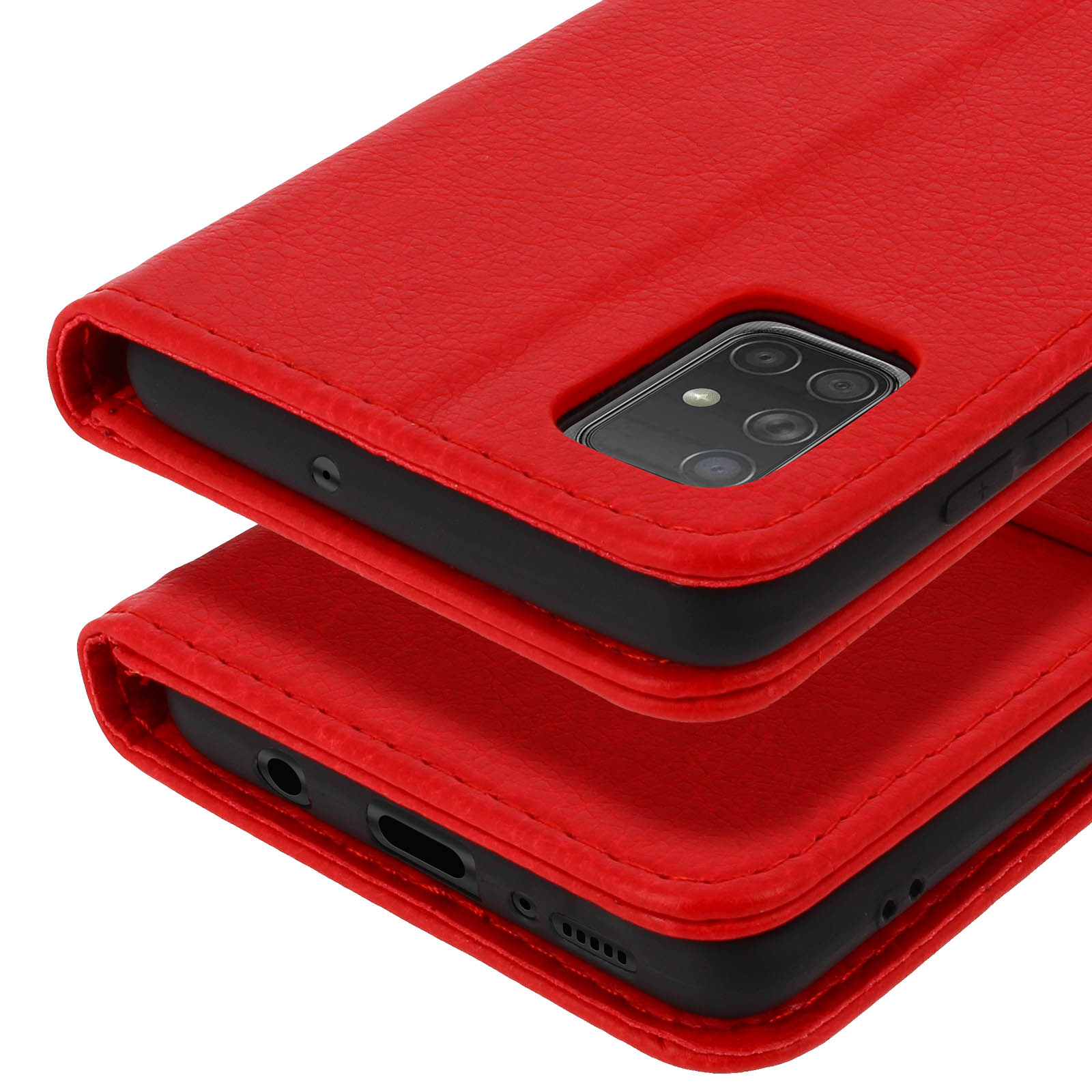 Deux étuis de téléphone rouges avec caméras et ports sur fond blanc.