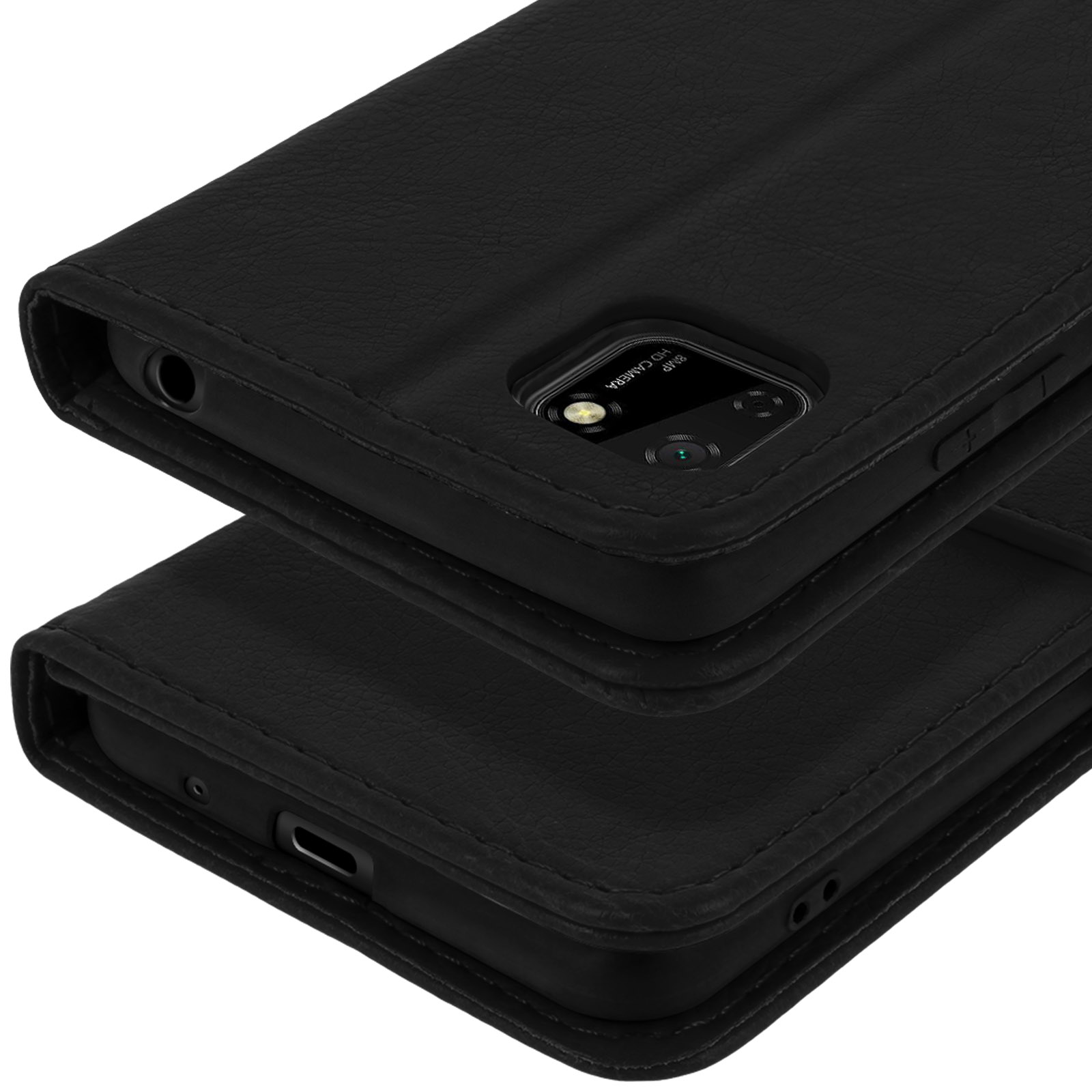 Zwarte leren flip telefoonhoes met zichtbare cameralens en poorten.