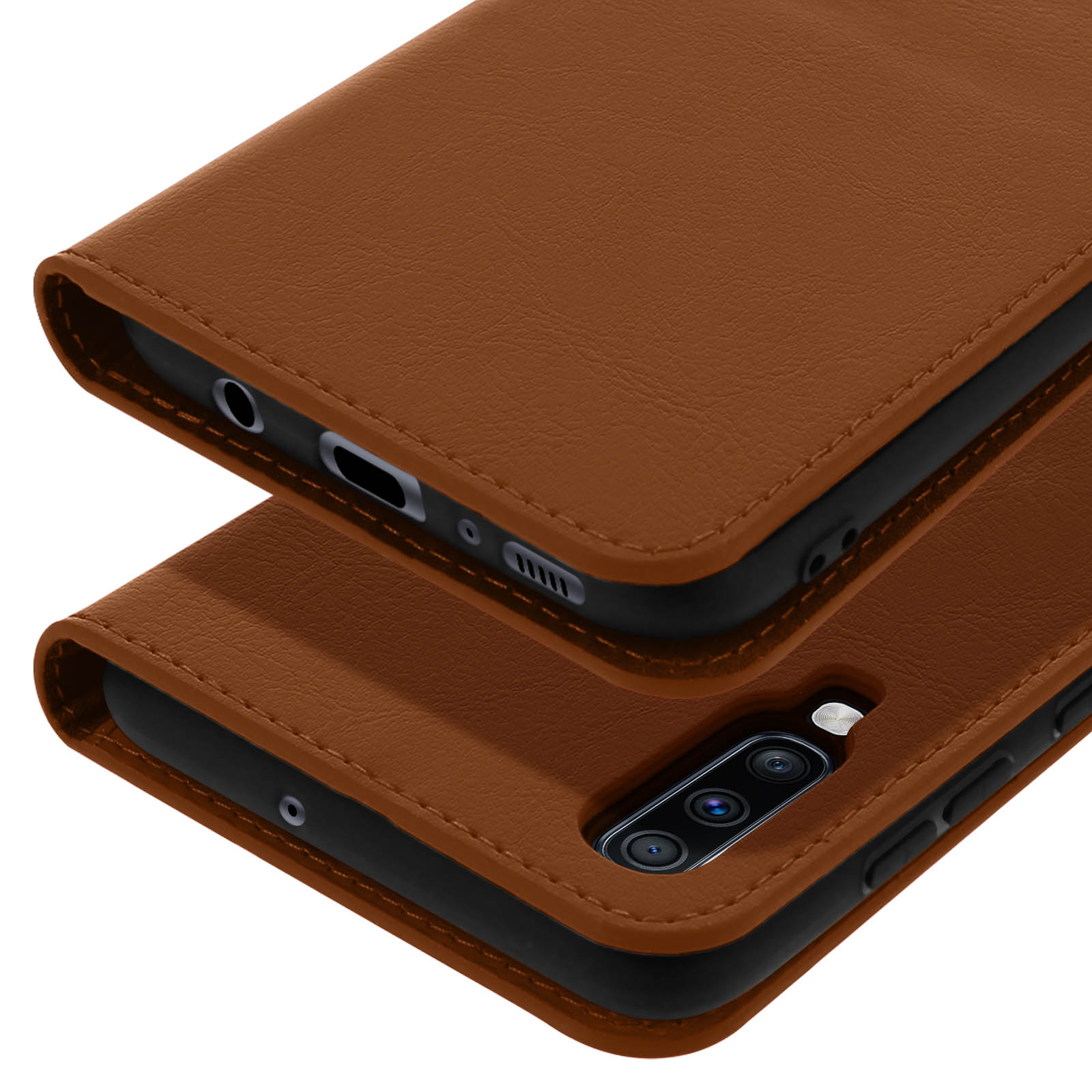 Una custodia a libro in pelle marrone per smartphone, con fotocamere e porte.