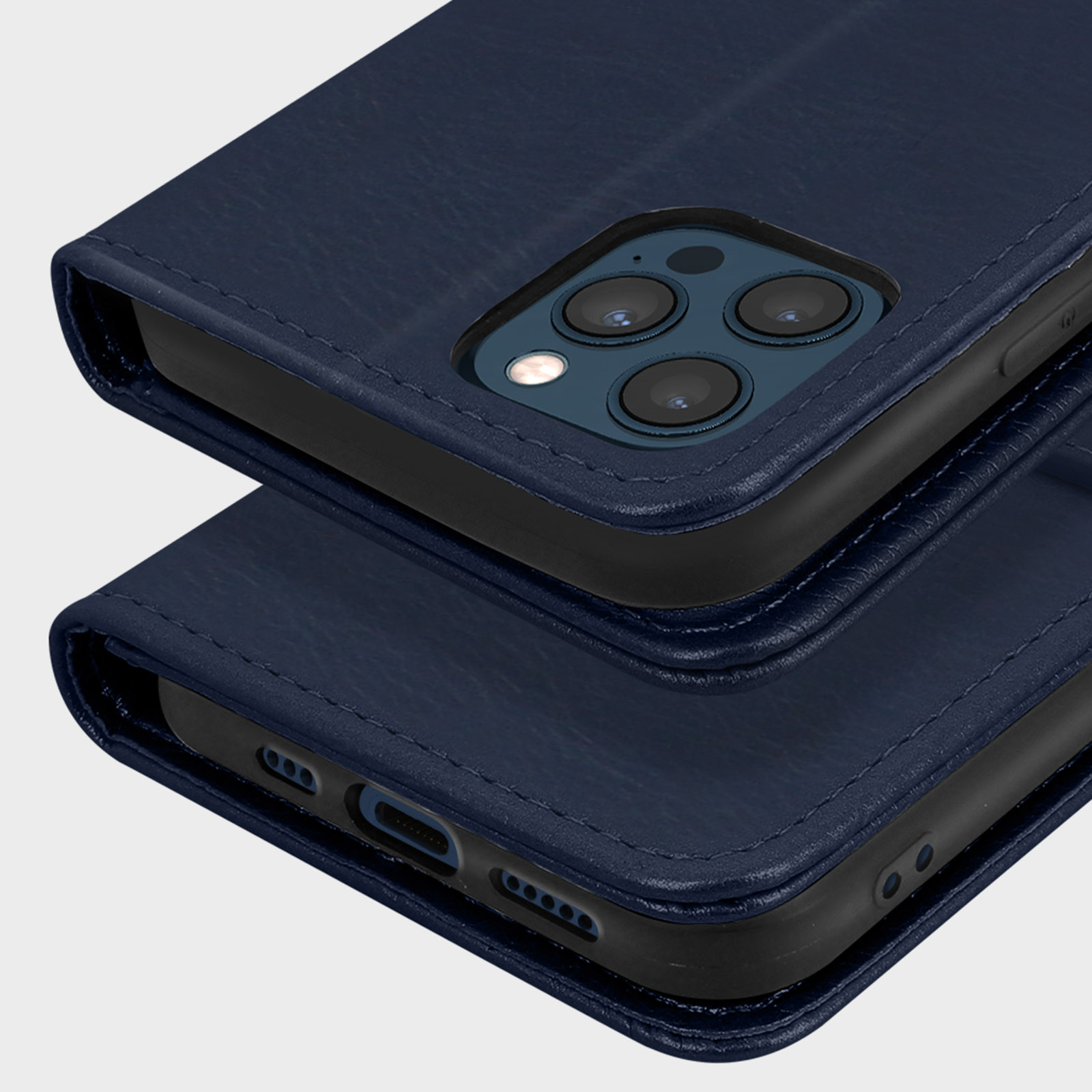 Donkerblauwe telefoonhoes in portemonneestijl die een smartphone beschermt.