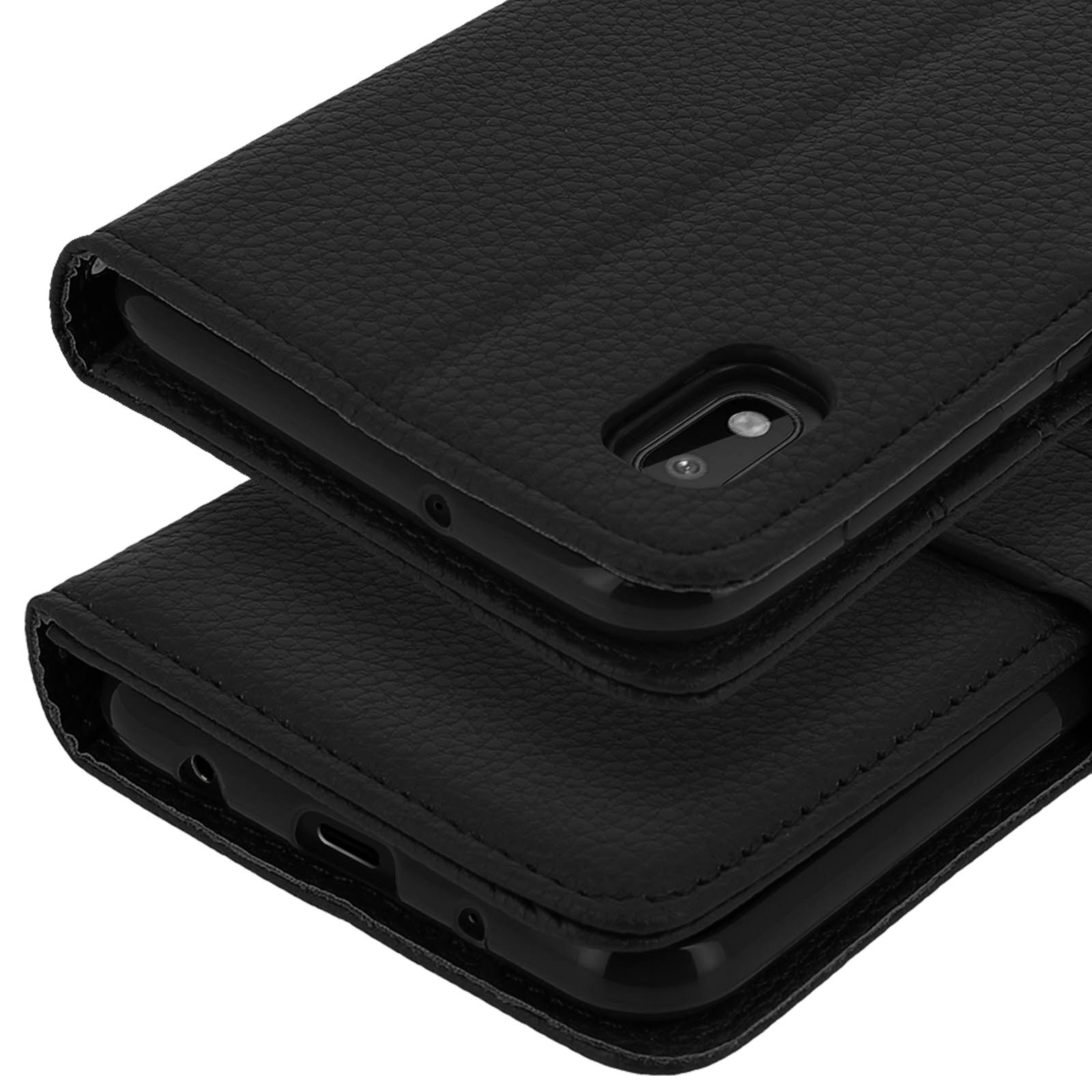 Étui noir en cuir pour smartphone avec découpe caméra et ports visibles.