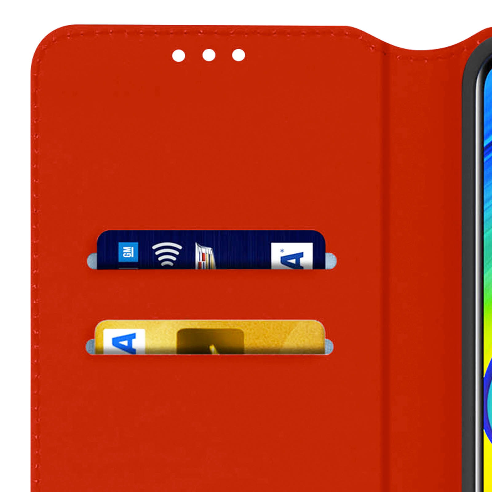 Rode telefoonhoes met kaartsleuven, met een blauwe en gele kaart zichtbaar.