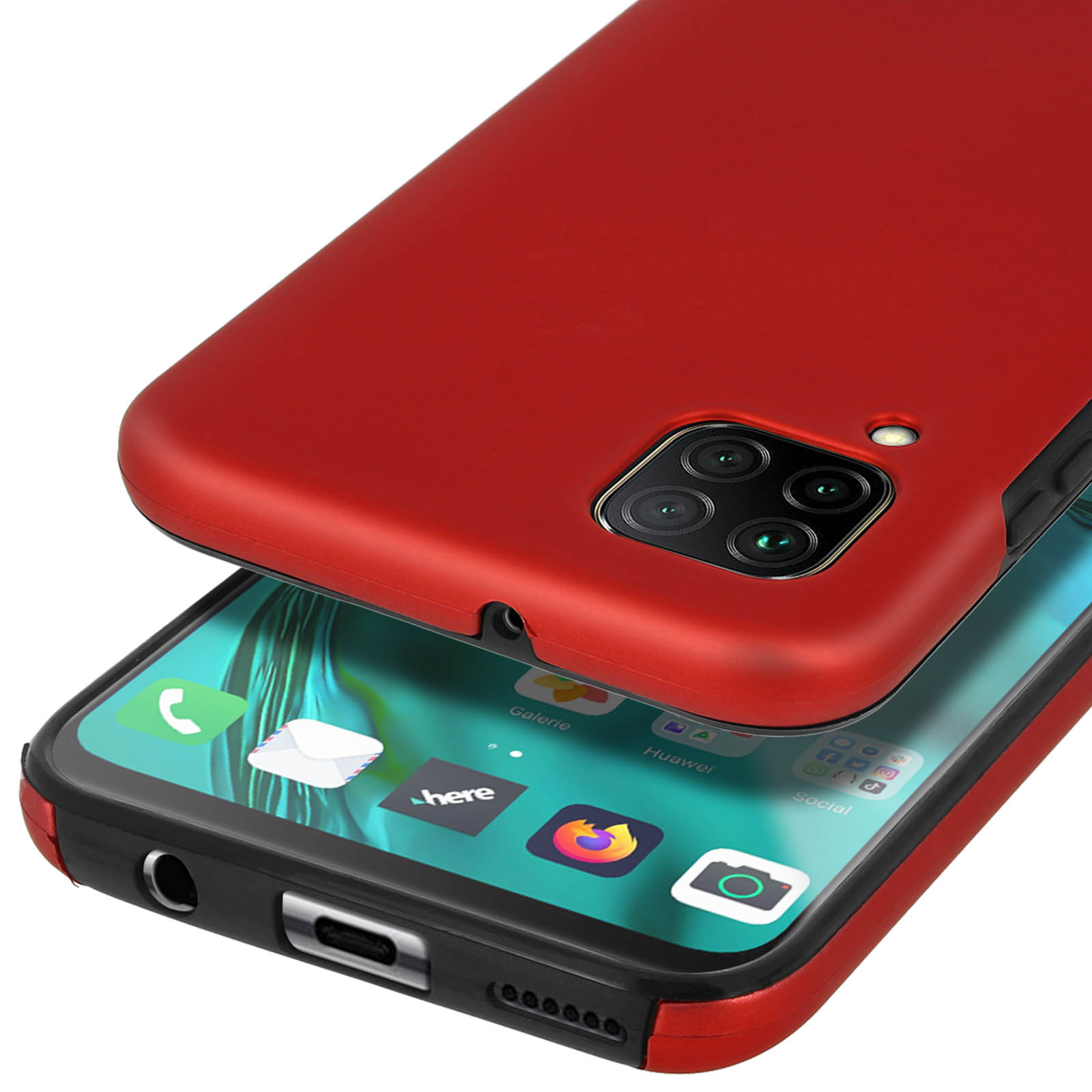 Coque de téléphone rouge sur un smartphone affichant des applications.
