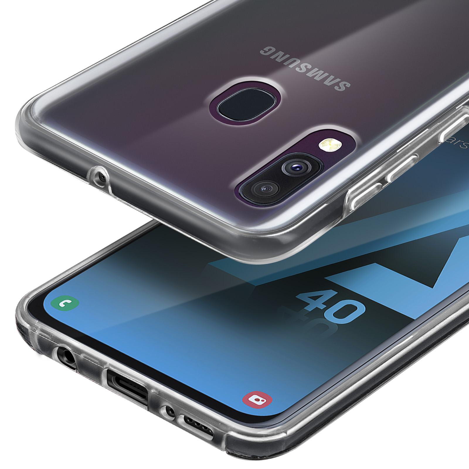 Een doorzichtige telefoonhoes voor een Samsung-telefoon met camera's en vingerafdruksensor.