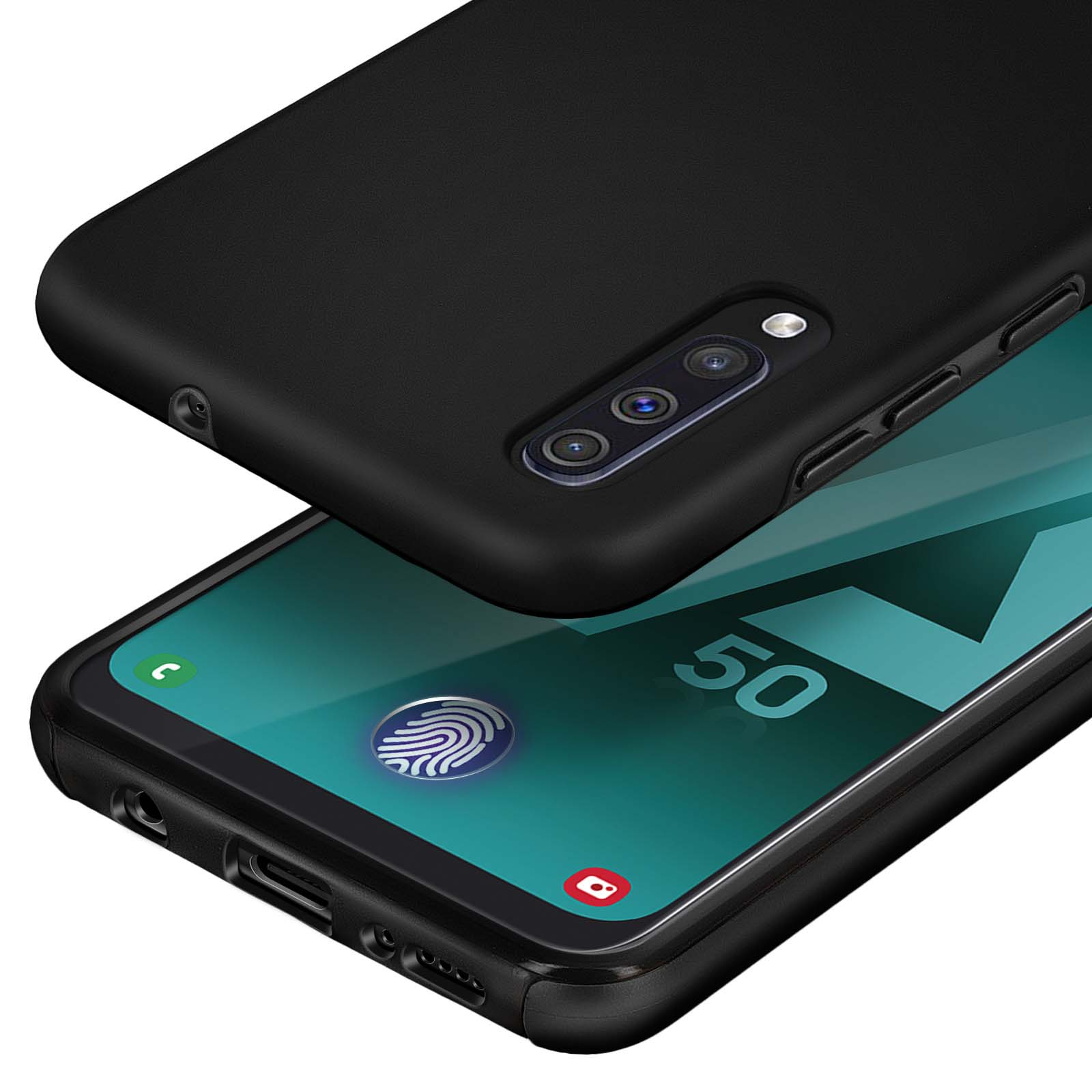Zwarte telefoonhoes over een smartphone met vingerafdruksensor.