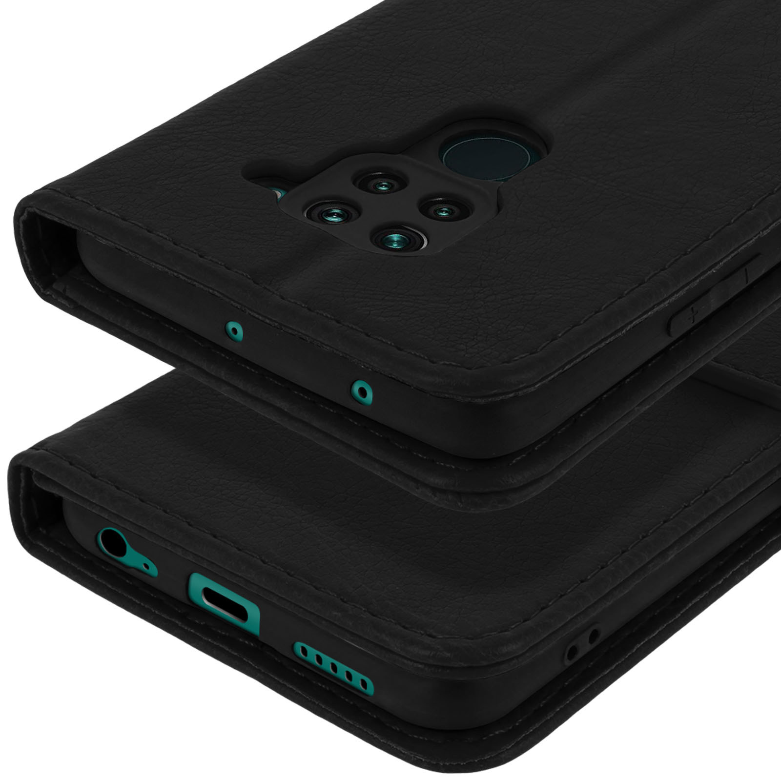 Étui à rabat en cuir noir pour smartphone, montrant la caméra et les ports.