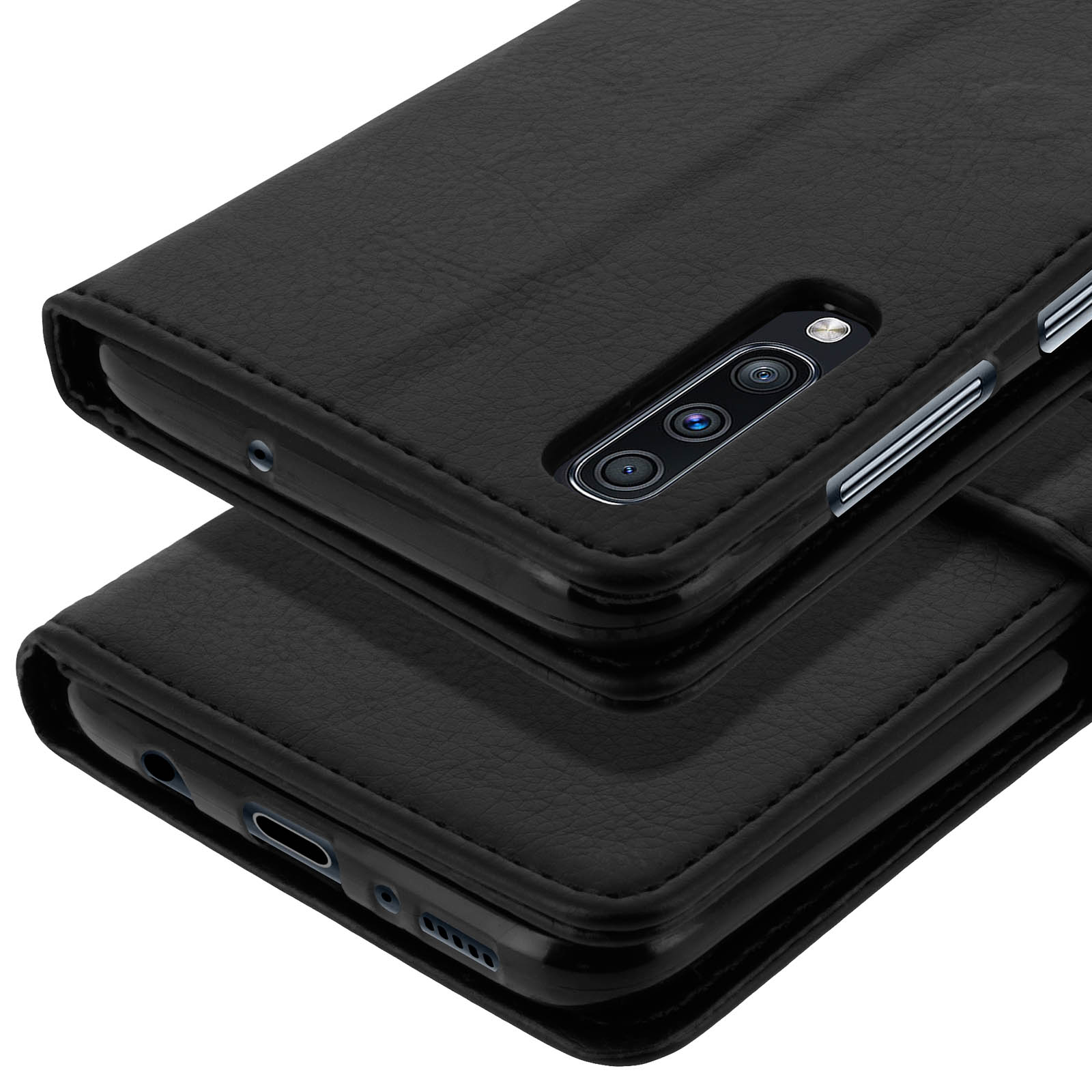 Étui noir en cuir pour téléphone, montrant les objectifs et ports sur fond blanc.