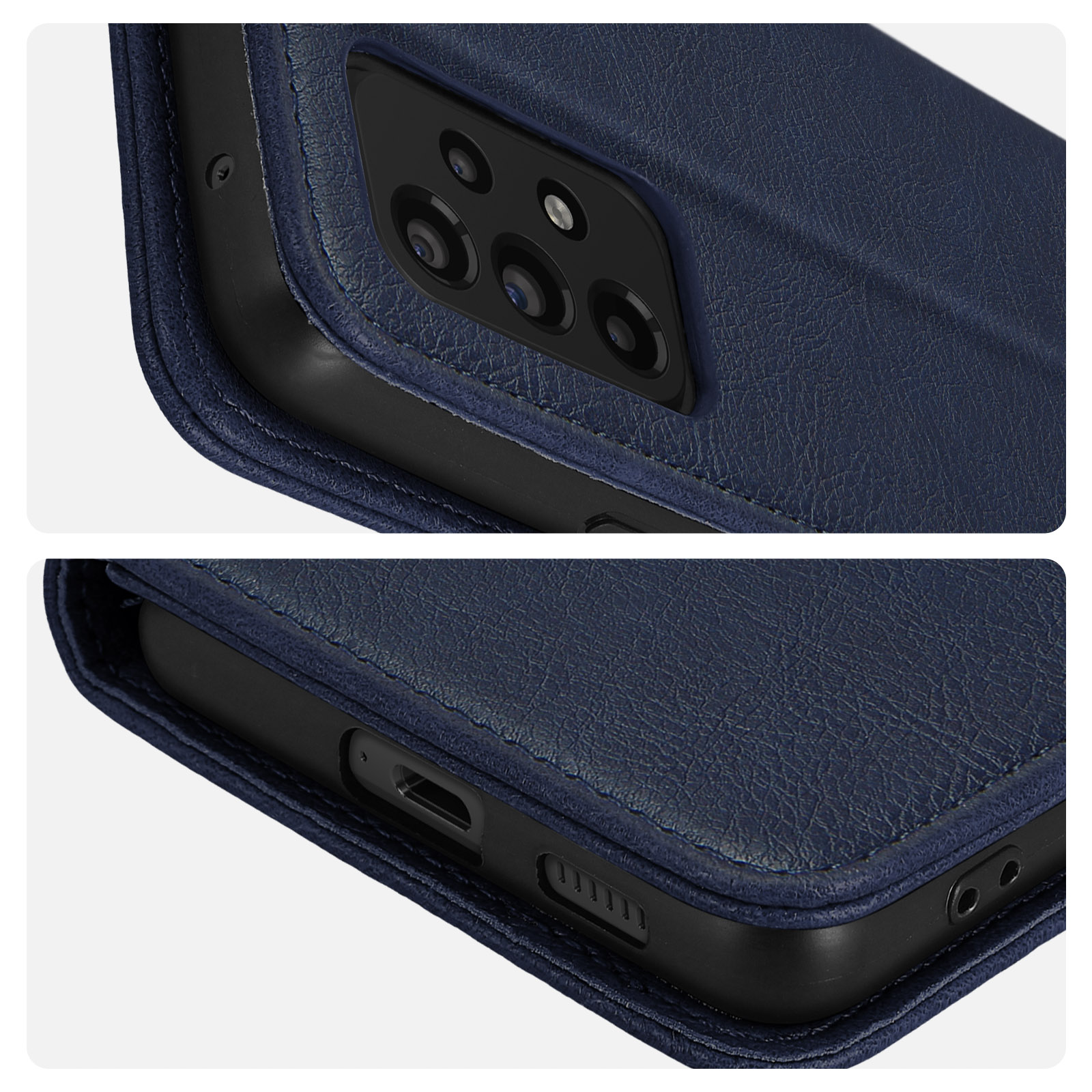 Étui de téléphone bleu foncé montrant les objectifs de l'appareil photo et les ports.