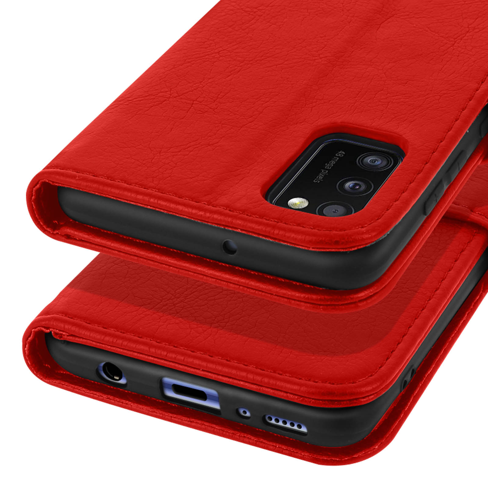 Étui rouge en cuir pour smartphone montrant le module caméra et les ports.