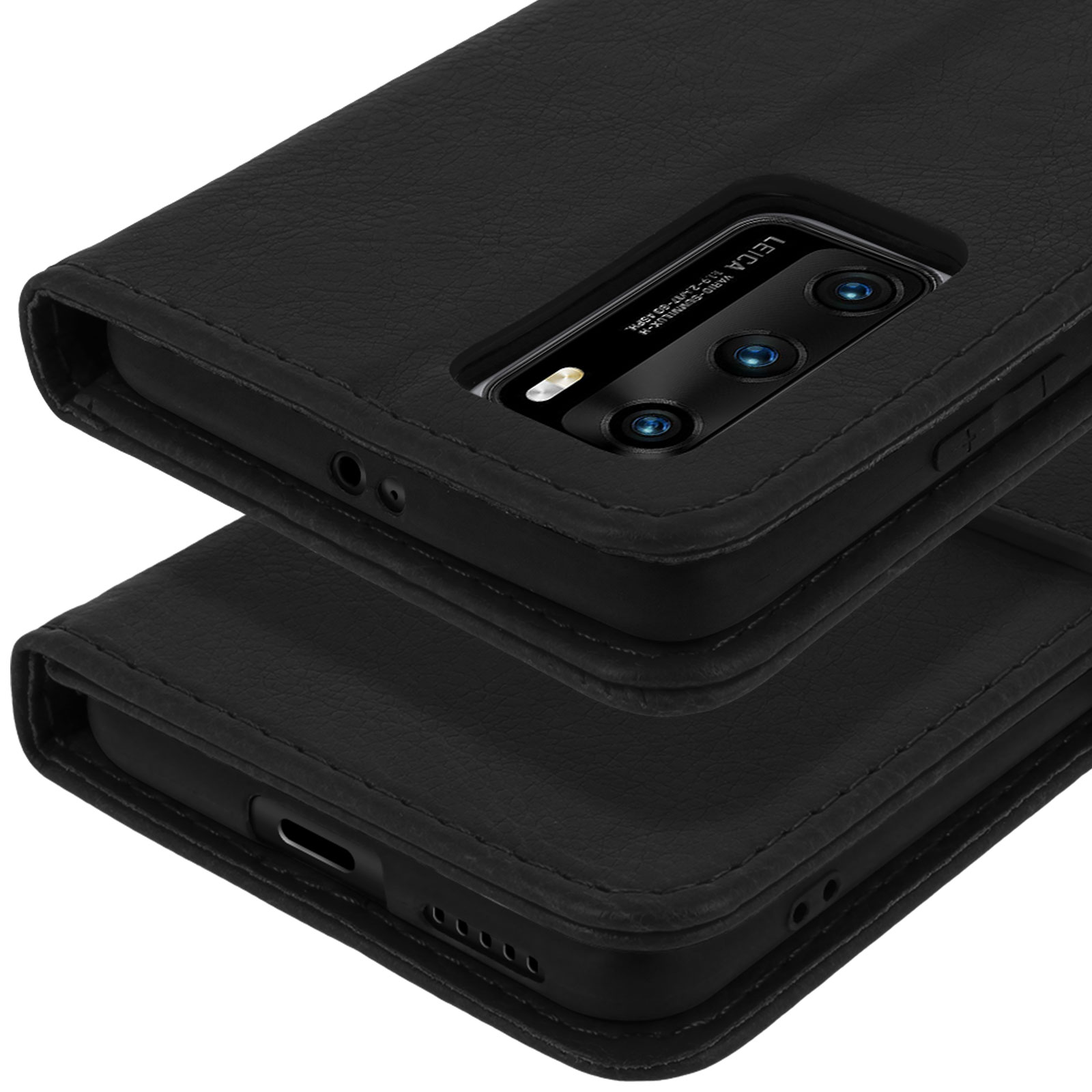 Black leather flip phone case showing camera module and stitching detail.