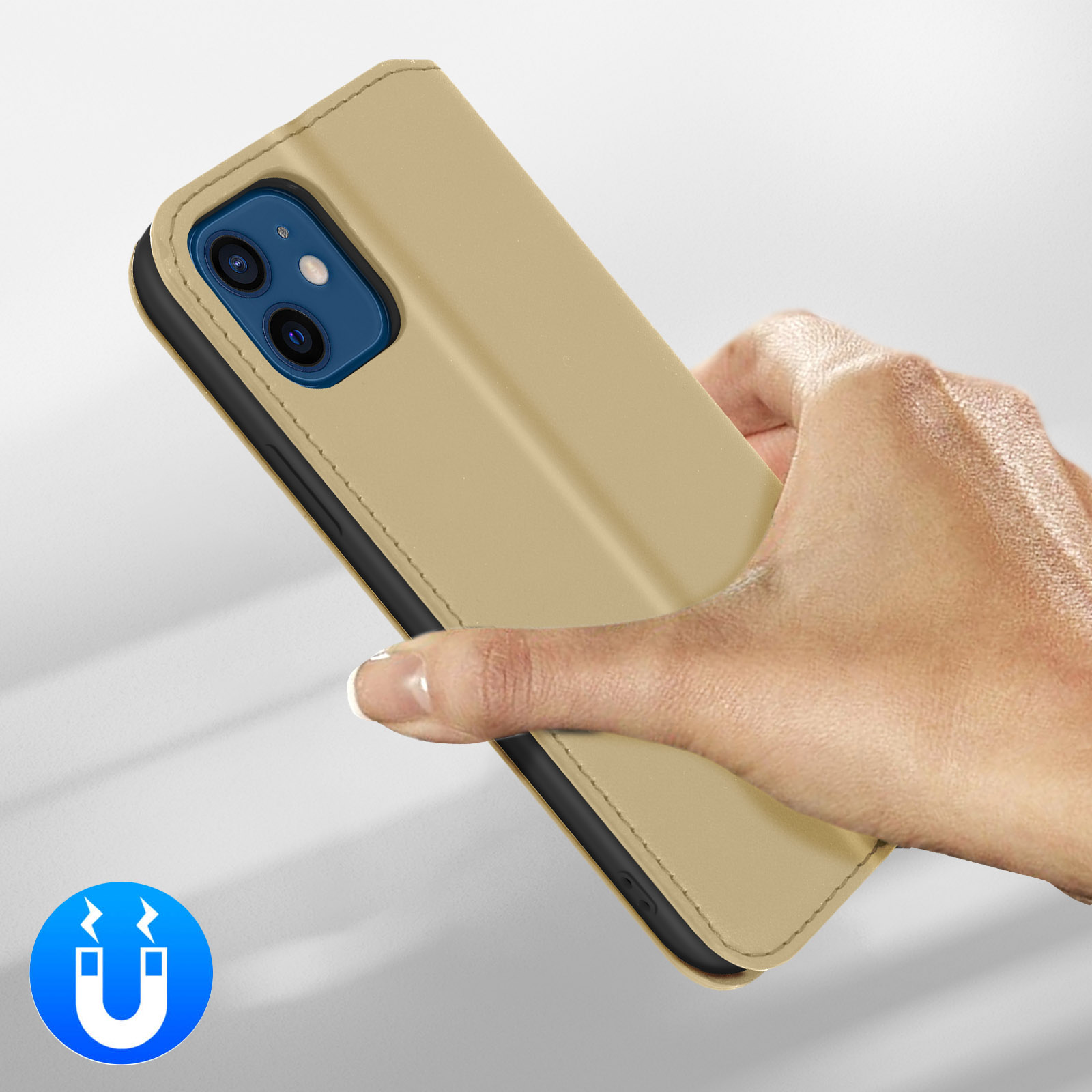 Gouden telefoonhoesje met magnetische sluiting, vastgehouden door hand.