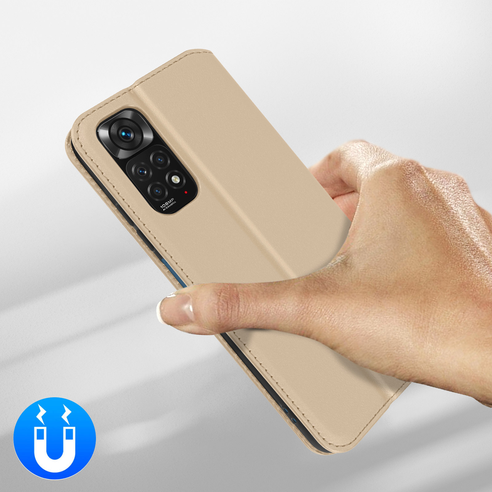 Een hand houdt een beige telefoonhoes met 108MP telefoon vast. Magneeticoon.